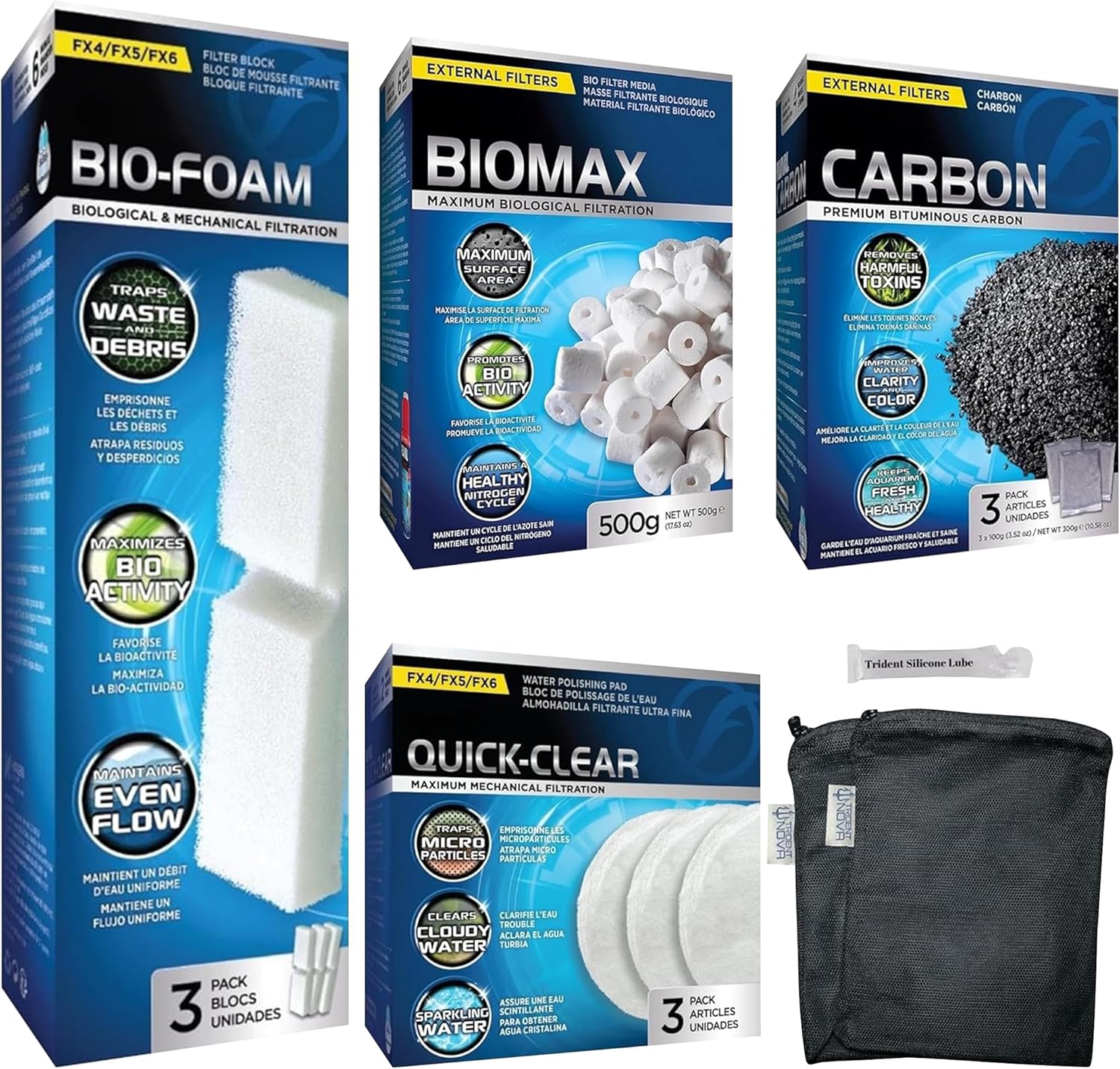 FX4/FX5/FX6 Canister Filter Maintenance and Replacement Filter Media Kit, Including Trident Nova Aquarium Filter Media Bags(Fx Bio-Foam Block, FX Quick Clear/Water Polishing Pad, Carbon, Biomax)
