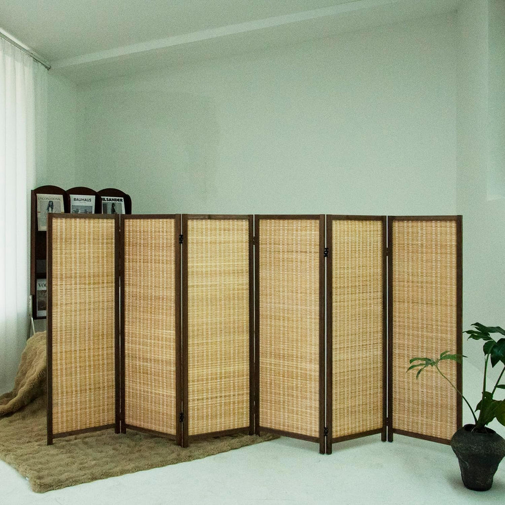6 Panel Short Room Divider Folding Screen,47 inch Bamboo Panel Divider for Home Partition,Brown
