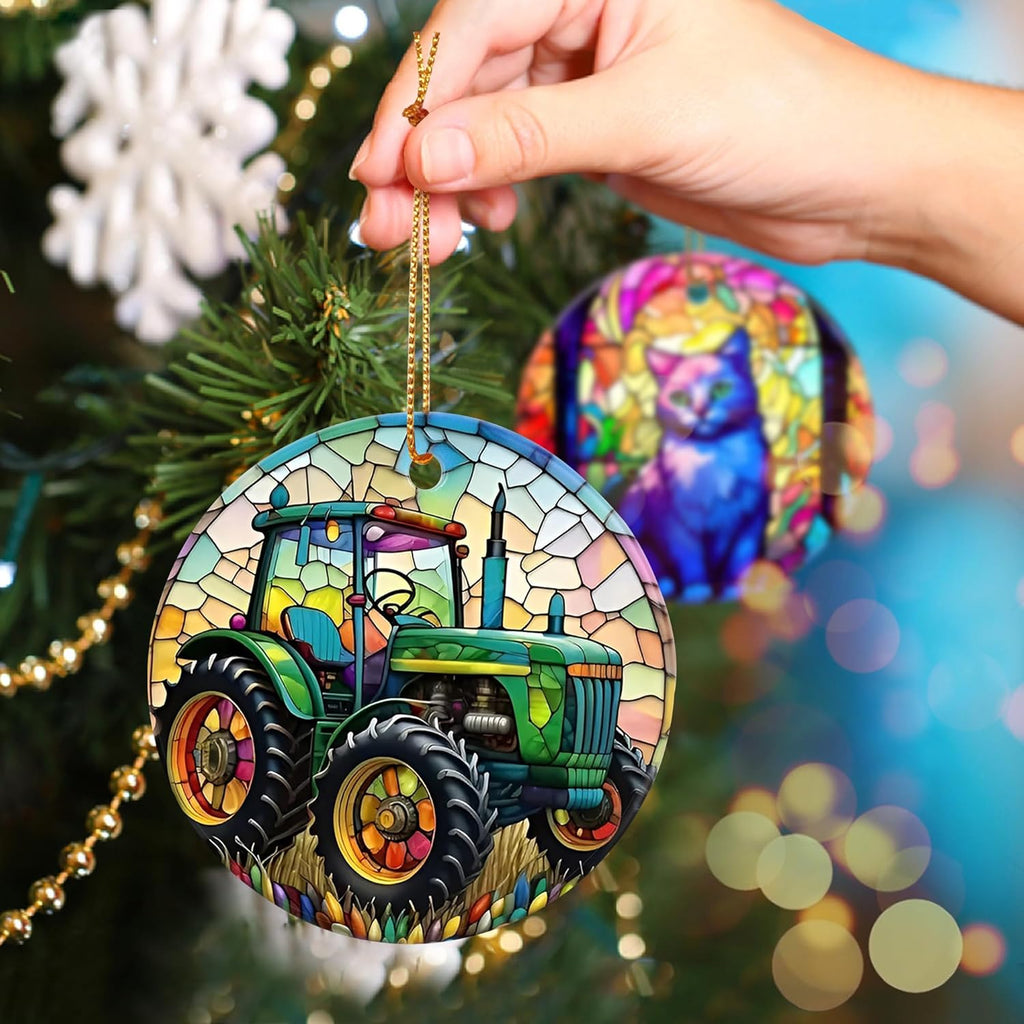Touber Christmas Ornament, Christmas Decoration, Holiday Present Idea, Heirloom Keepsake, Round Ceramic, Gift Exchange, Gift Idea, Tractor