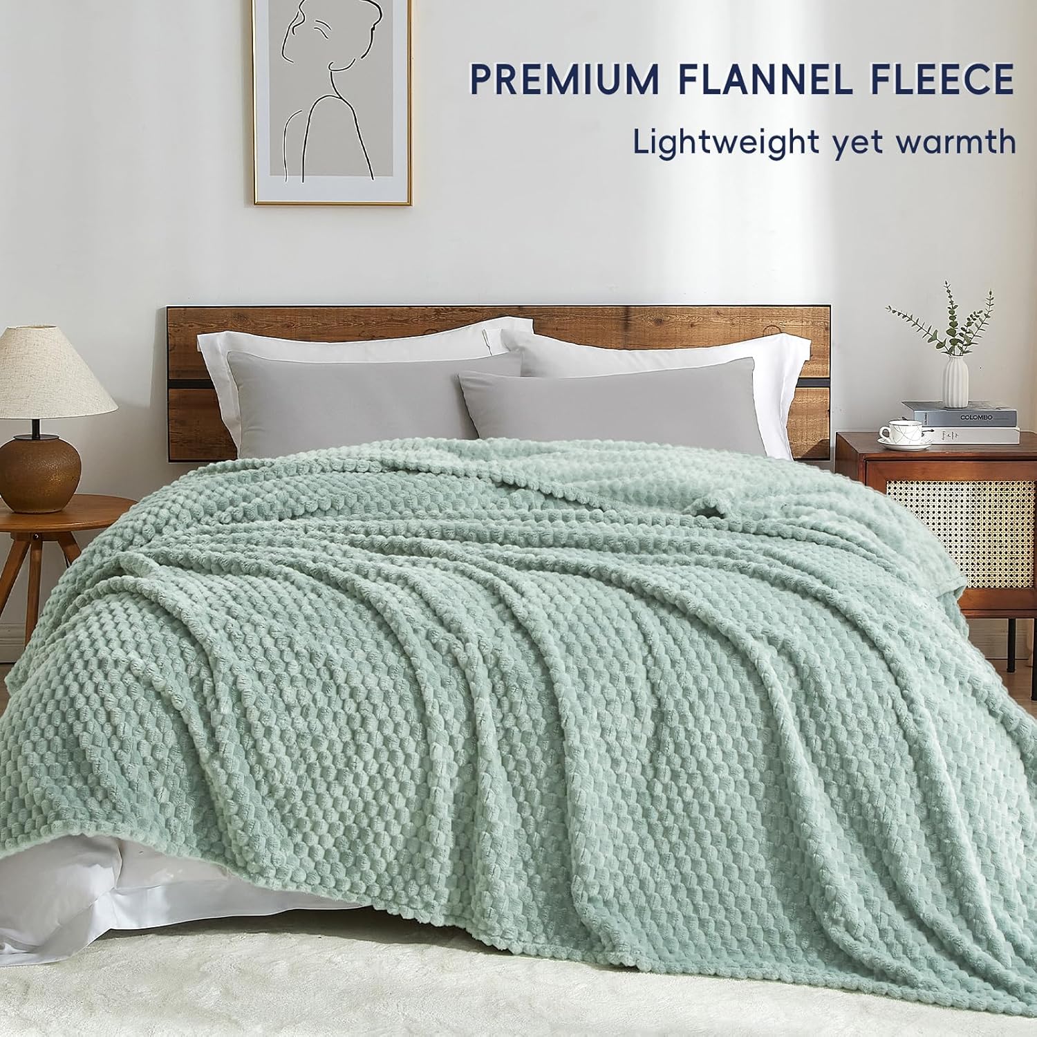PHF Ultra Soft Flannel Fleece Blanket Queen Size, Lightweight 3D Jacquard Fleece Blanket, No Shedding, No Pilling, Luxury 340GSM Aesthetic Fluffy Cozy for Bed Room Decor, 90"x90", Sage Green