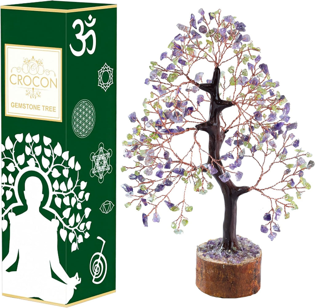 Amethyst & Peridot Crystal Tree Gemstone Tree of Life Chakra Bonsai Tree for Room, Desk & Office Decor Spiritual Gift Meditation Birthday Gift for Women Mom her Sister Housewarming Gifts Home