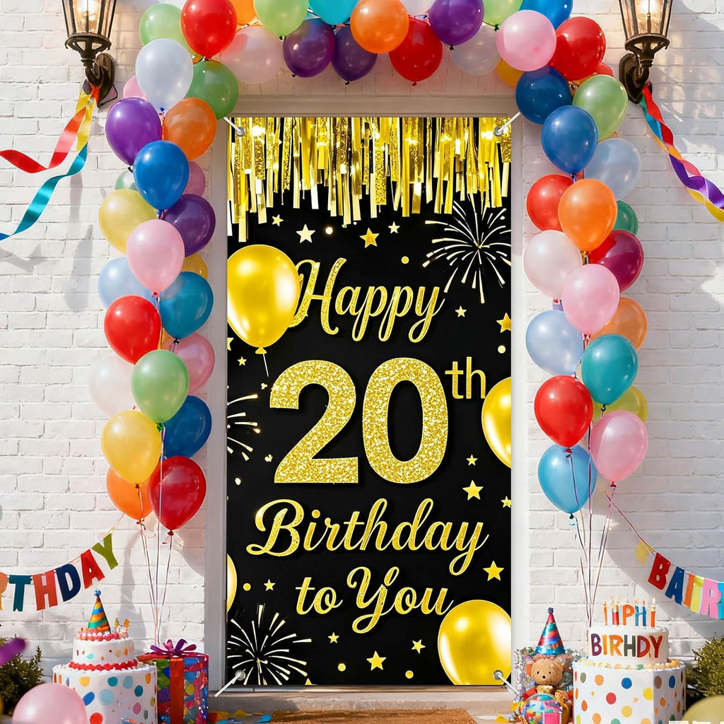 IVN 20th Birthday Door Cover 71x35 Inch Black Gold Birthday Banner for Party Decorations Balloons Stars Fireworks Backdrop Sign for Men Women Photo Booth Prop Wall Decor
