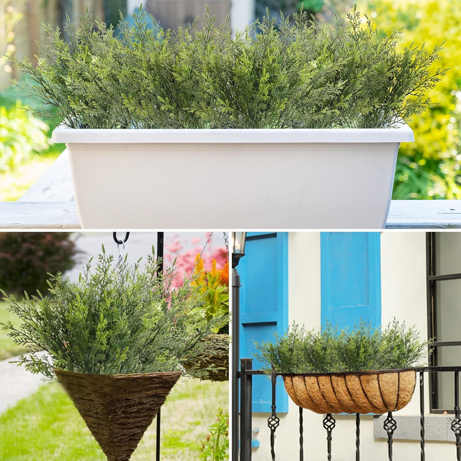 Artificial Outdoor Plants 12 PCS Fake Cedar Plants Plastic Faux Pinetree Stems Greenery Shrubs UV Resistant Colorfast Indoor Outdoor Christmas Home Decor for Windowbox Garden Porch Path