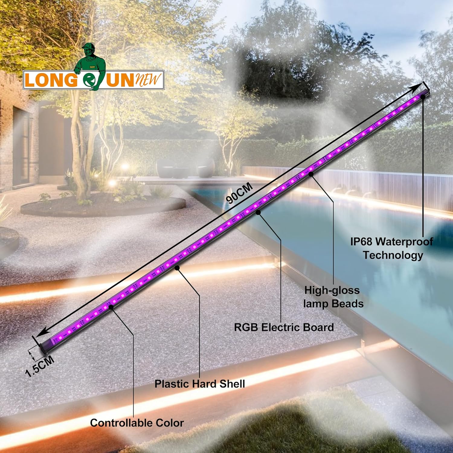 Gepas LONGRUNNEW Replacement 35.4'' LED Light Strip Color Changing for Waterfall Spillway Pool Fountain with Adapter, Remote Control Designed