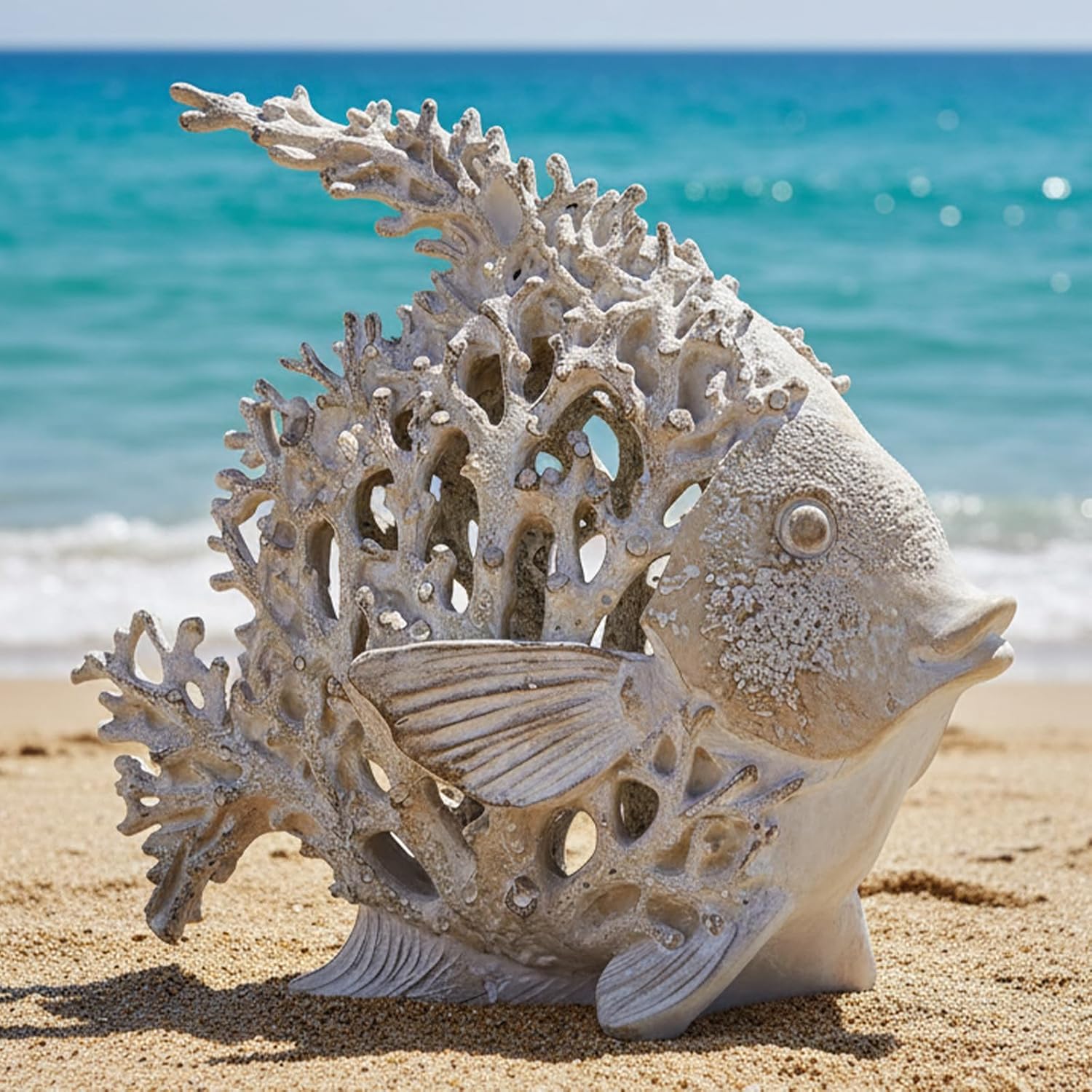 Beach Coastal Decor – 9.8in White Coral Fish Statue, Nautical Coral Reef Figurine for Living Room, Bathroom, Shelf, Desk or Coffee Table, Modern Ocean Accent & Beach House Gift