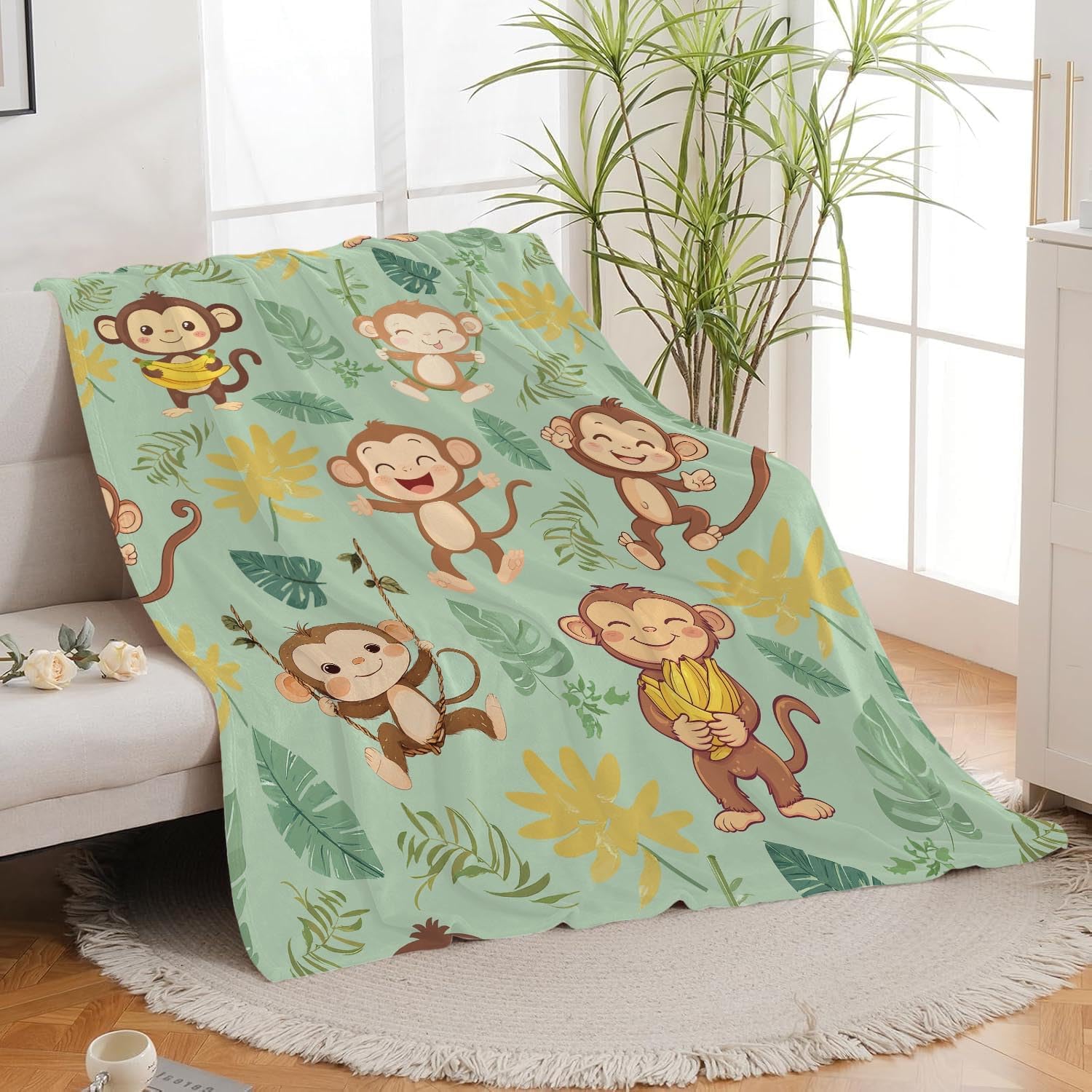Monkey Blanket Cute Cartoon Monkey Throw Blanket Gifts for Monkey Lovers Girls Boys Kids Women Men Adults Super Soft Cozy Plush Fluffy Fuzzy Fleece Blanket Home Decor 60''X80''