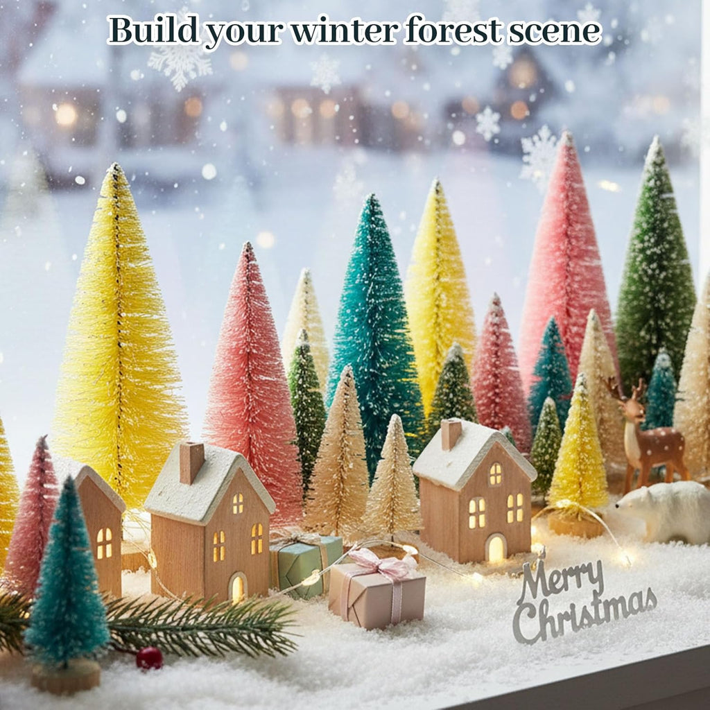 LOVEINUSA 40PCS Colorful Mini Christmas Trees, Snow Frosted Sisal Trees Colored Bottle Brush Xmas Trees with Wooden Base for Xmas Winter Home Table Decoration