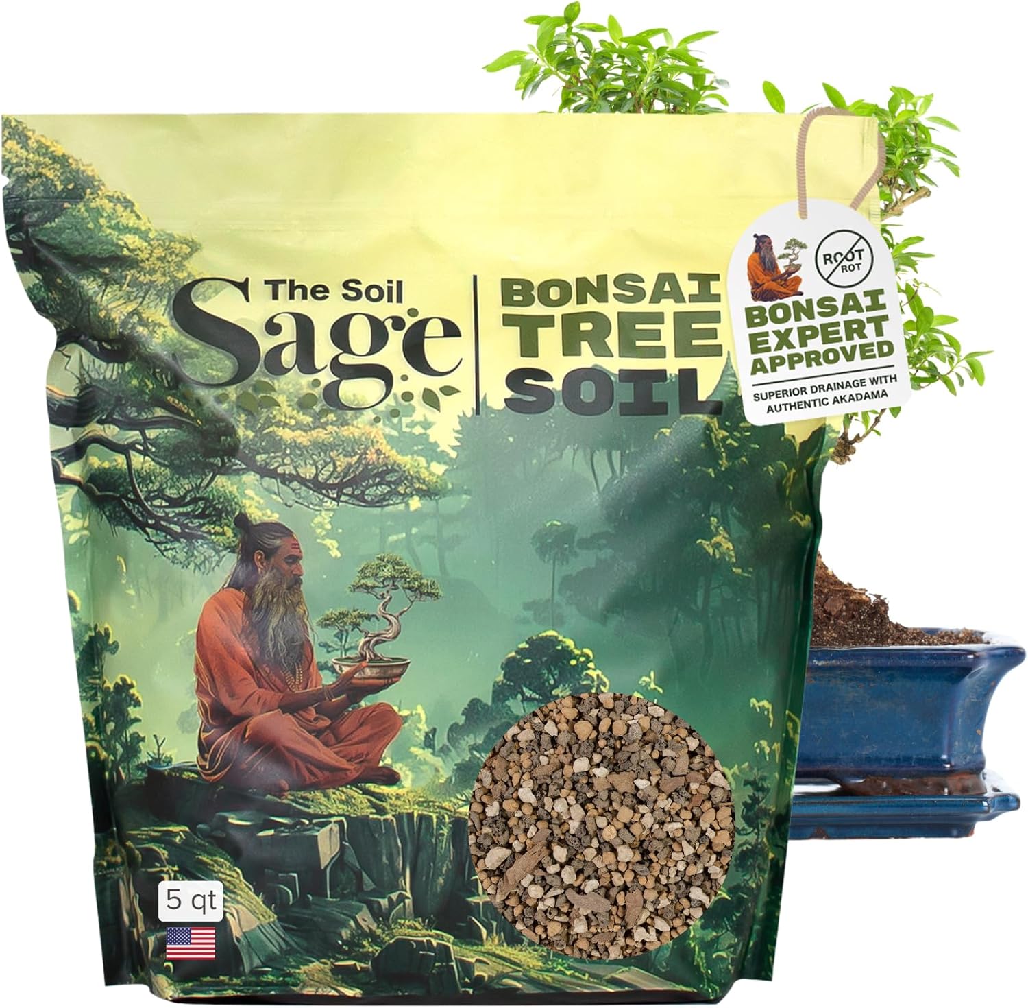 5qts/5l Premium Bonsai Mix - U.S.A. Made Ready to Use - Akadama, Pumice, Lava Rock, Fine Pine Bark - Large Bag for All Bonsai Tree - High Drainage Potting, Repotting (Bonsai Soil / 5 QT)