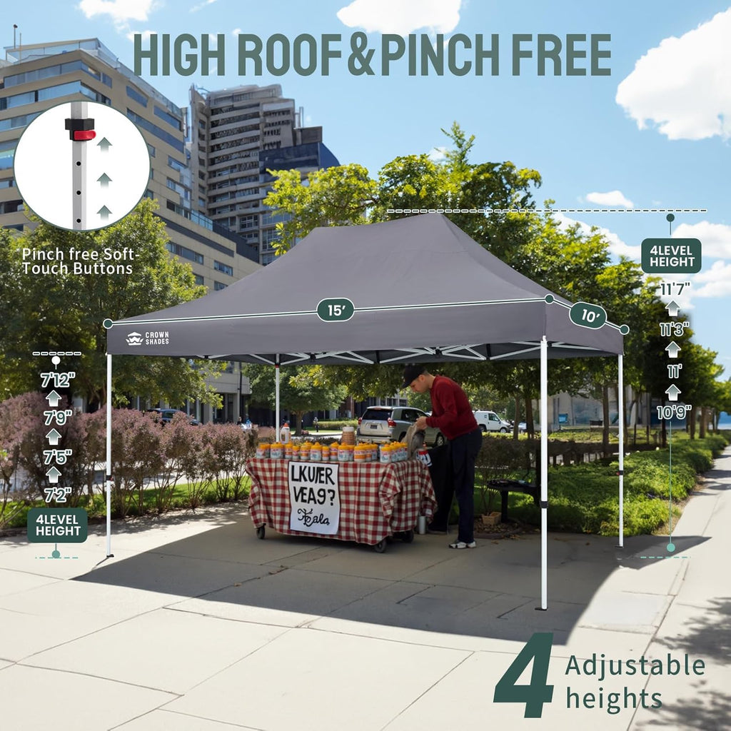 CROWN SHADES 10x15 Pop Up Canopy Tent, Thicken Frame Commercial Heavy Duty Tent, 8 Stakes & 4 Sandbags & 4 Ropes, Outdoor Canopies for Events, Parties,Grey