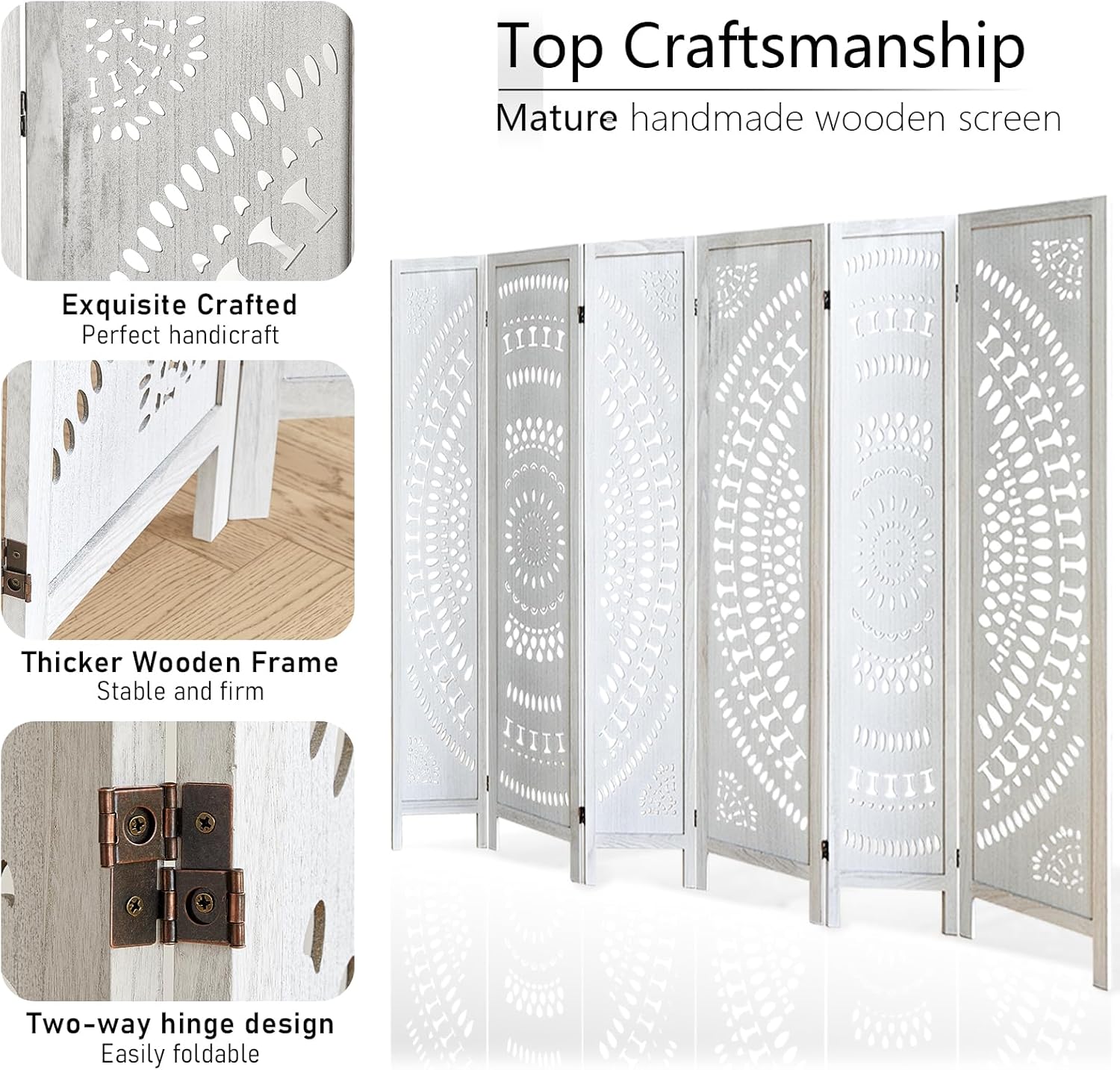 6 Panel Room Divider, Wood Carved Room Divider and Privacy Screen, Folding Room Partition Screen for Room Separation Home Bedroom Office Restaurant Portable Freestanding (Retro White)