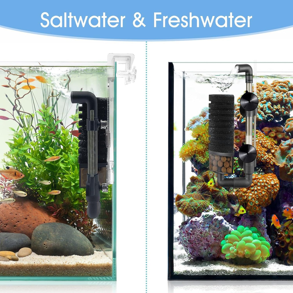 5-10 Gal Aquarium Air Sponge Filter, with Bio Ceramic Media Ball and 2 Sponges, for Axolotl Breeding Fry Betta Shrimp Nano Fish Tank,Upgrade Clip Installation