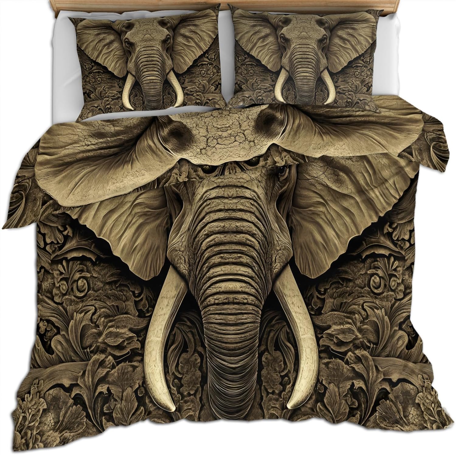 3D Elephant Duvet Cover California King, Carved Rocks Elephant Bedding Set 3 Piece Bedroom Decor Ancient Indian Comforter Cover with Zipper Ties & 2 Pillowcases