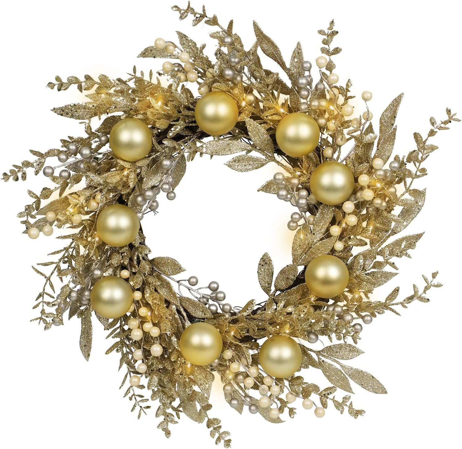Christmas Wreath Artificial Christmas Wreath with Golden Balls, Off-White Berries and Led Lights Suitable for Decorating Doors, Windows.