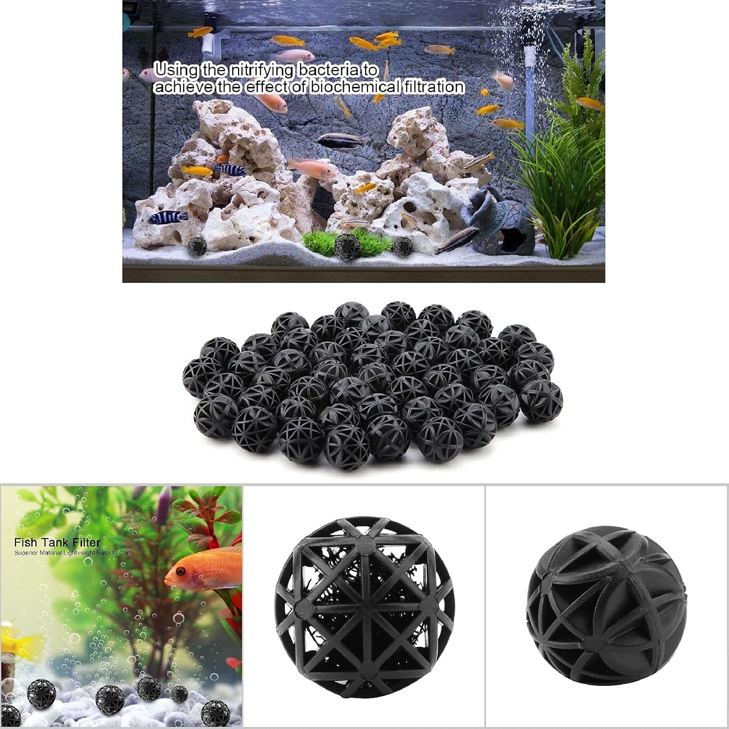 Bio Balls Filter Media, 50Pcs Porous Biochemical Aquarium Filter Balls for Biological Filtration Pond and Fish Aquarium with Sponge (36mm with Cotton)