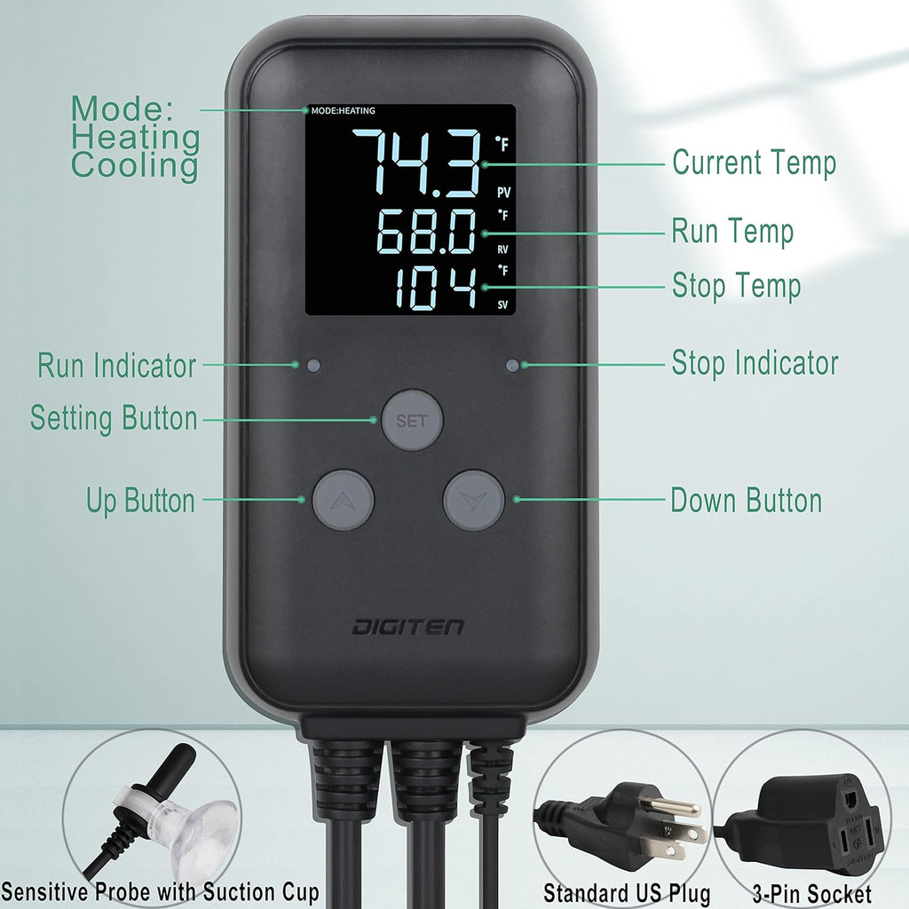 DIGITEN Waterproof Digital Temperature Controller for Aquarium, Greenhouse & Outdoor Heating - 10A Heat Mat Thermostat Controller