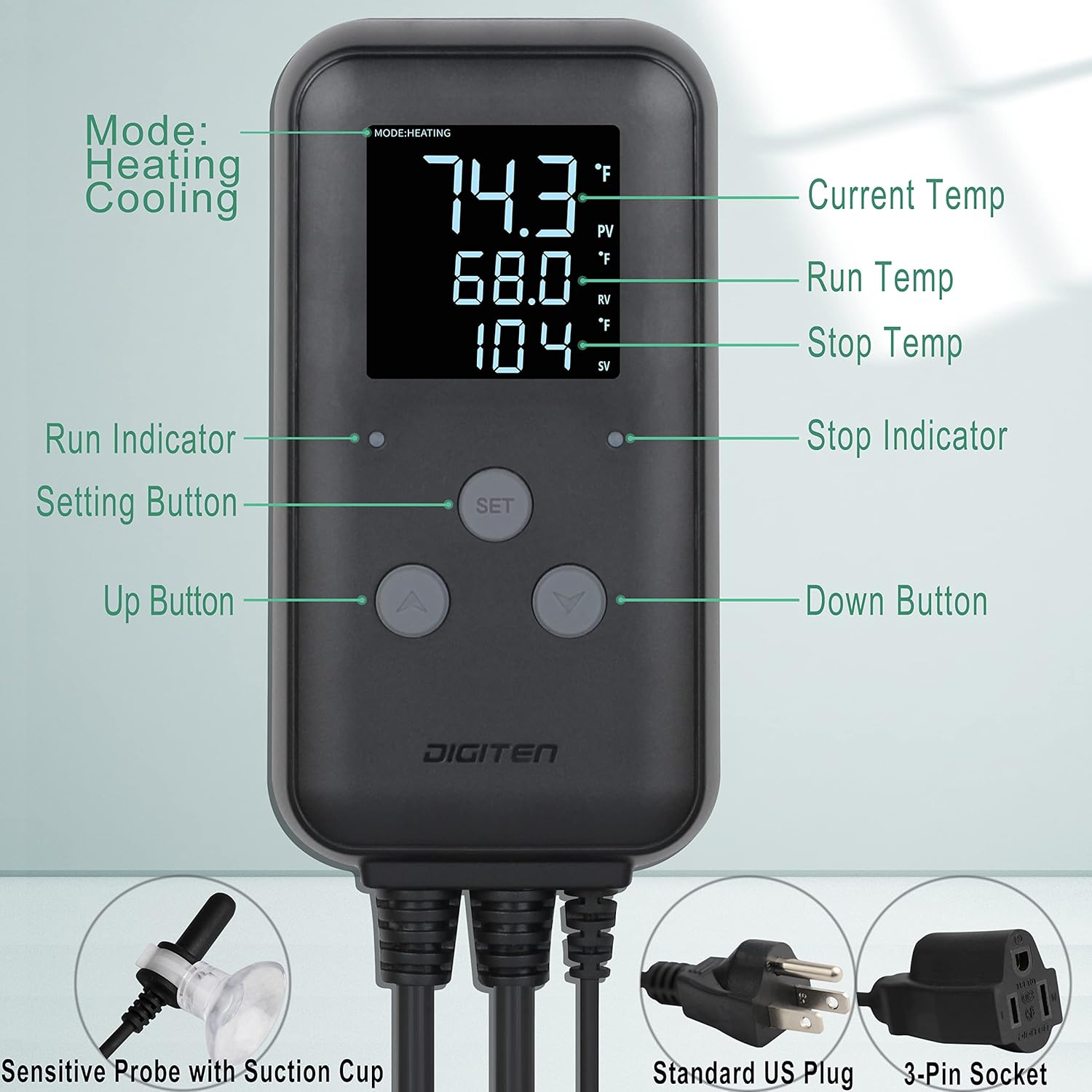 DIGITEN Waterproof Digital Temperature Controller for Aquarium, Greenhouse & Outdoor Heating - 10A Heat Mat Thermostat Controller