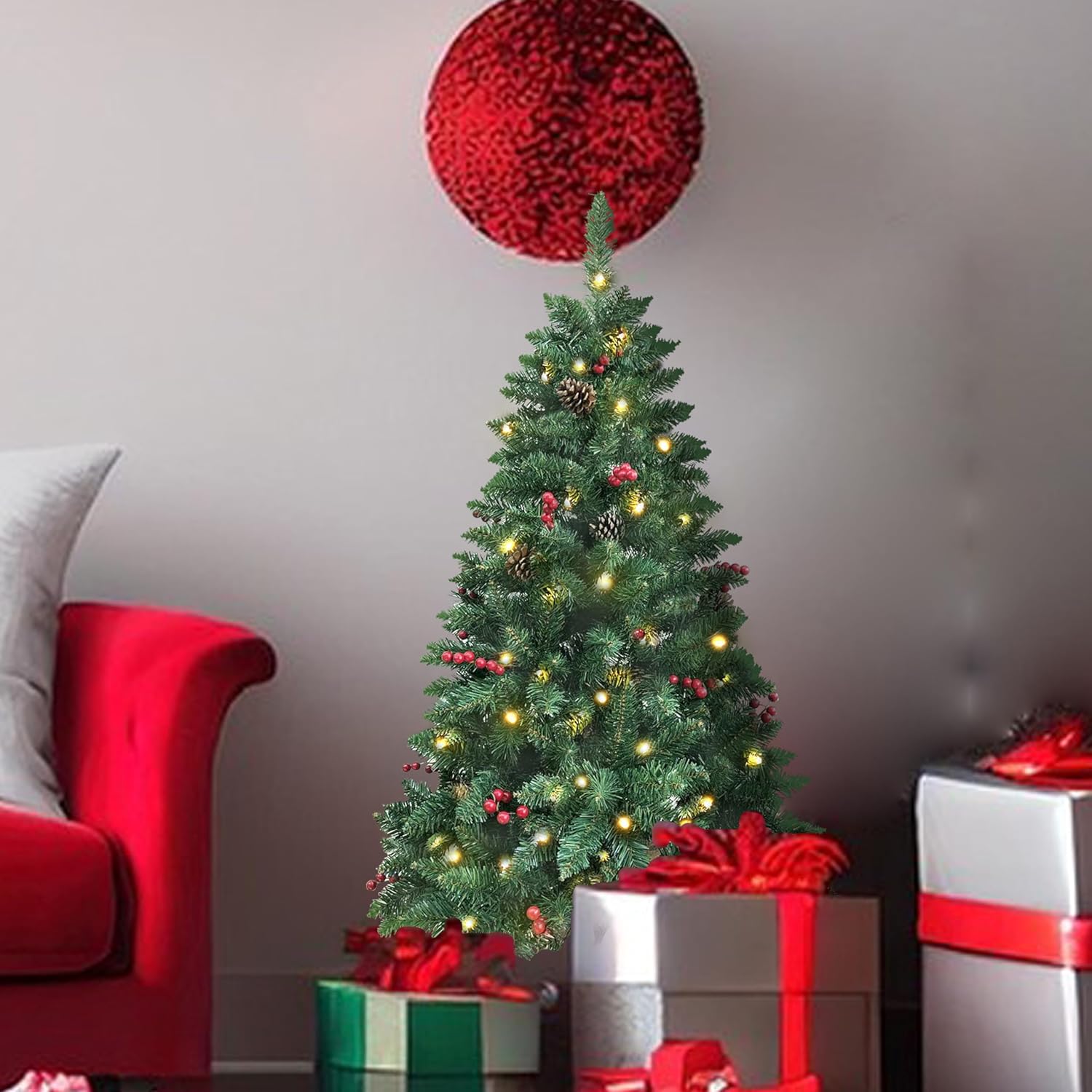 4ft Pre-lit Christmas Tree,Artificial Pine 300 PVC Branches Tips with 20 Red Berries & 20 Pinecone & 100 LED Lights & Burlap Wrapped Base Decor Xmas Tree