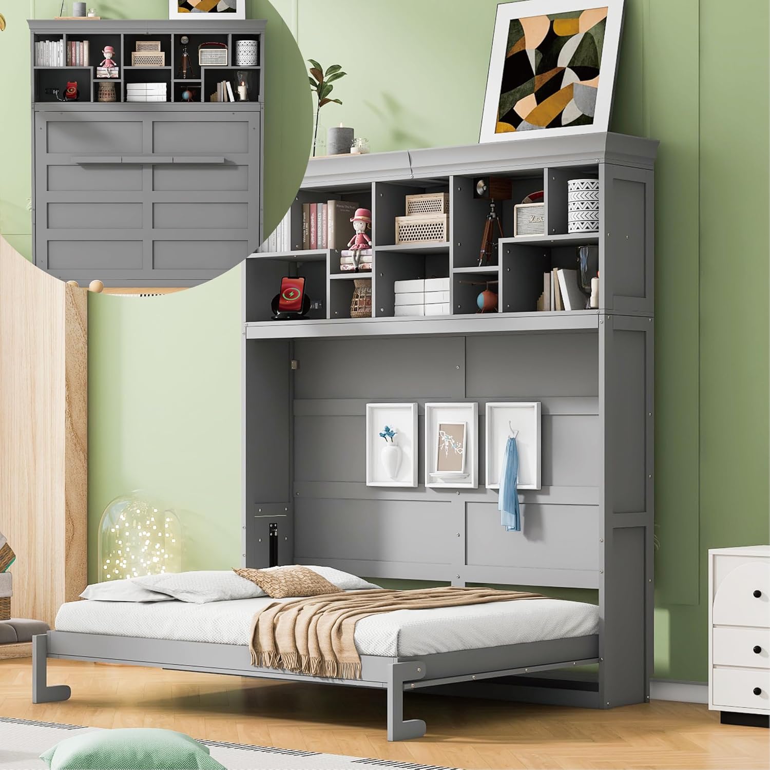 Merax Farmhouse Solid Wood Murphy Bed Chest with Top Shelves & USB Charging, Storage Wall Platform Bed with Wood Slat Support/Space Saving Queen,Gray