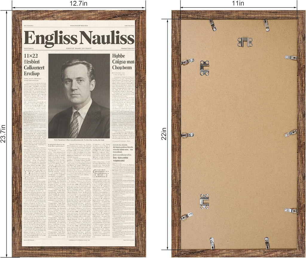 11x22 Newspaper Frame 2 Packs, Real Glass and Rustic Brown Wood Frame, Display Panoramic 11 x 22 Magazine Frames - Horizontal or Vertical Wall Mounting