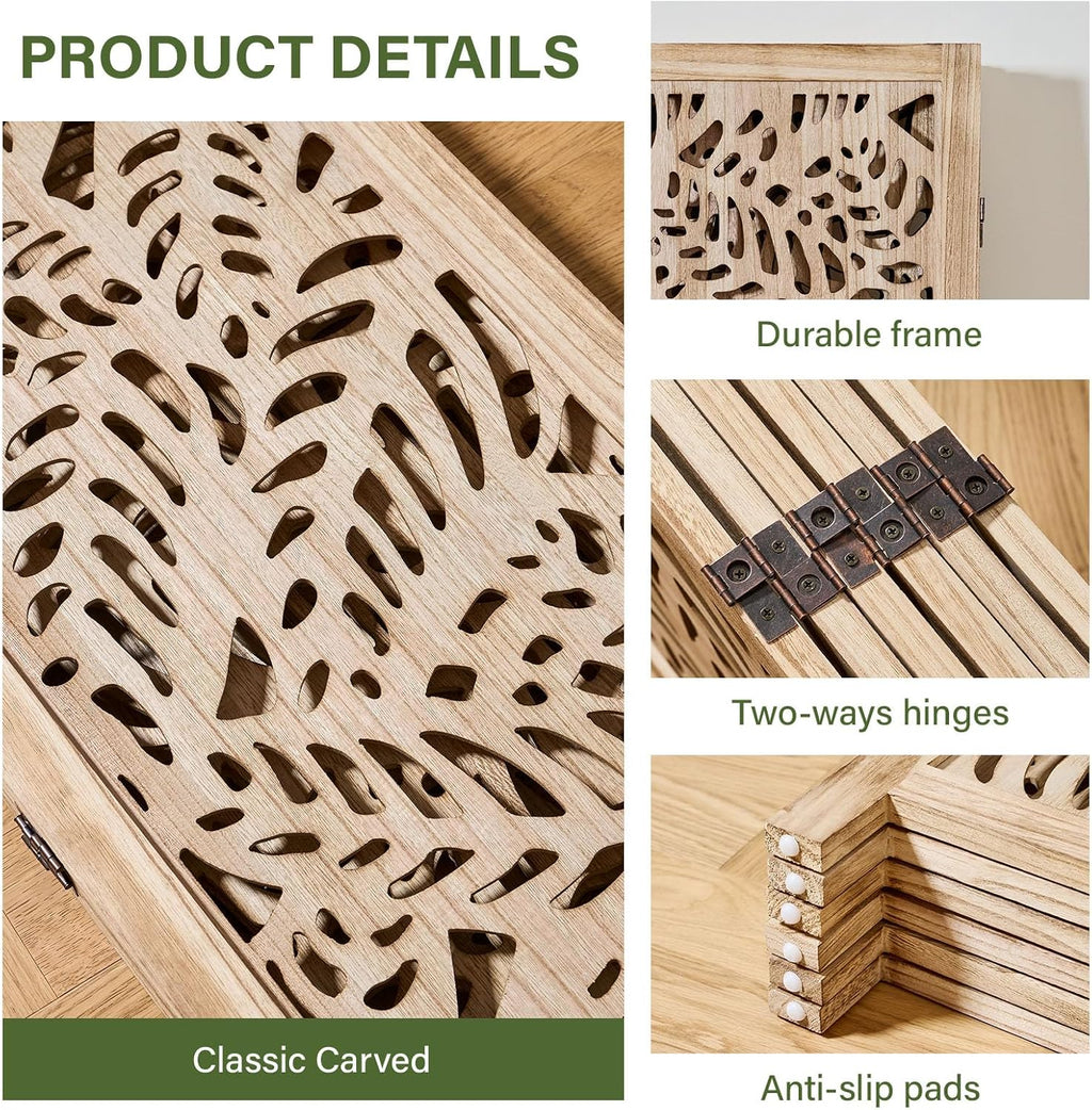 Leaf-Carved Room Divider Privacy Screen - 67 Inch Tall Foading Decorative Wood Screen Dividers Panel for Home - Natural Wood Room Partitions for Enhanced Privacy and Style Natural 6 Paned