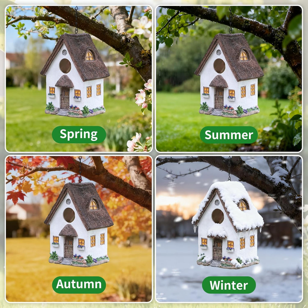 Bird Houses for Outside Rustic Cottage Birdhouse with Thatch Roof – Hand-Painted Resin Bird Houses for Outdoors for Hummingbird Finches Cardinals Bird Nesting Garden, Patio, Yard