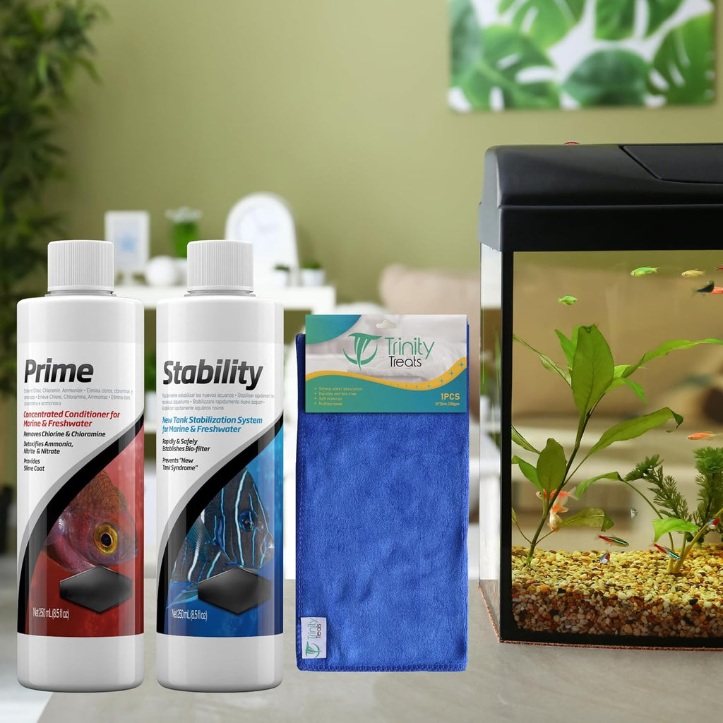 PRlME 250ml, STABlLlTY 250ml for Fresh and Marine Aquariums Including Trinity Treats Microfiber Cleaning Cloth(STABlLlTY Fish Tank Stabilizer, PRlME Water Conditioner)