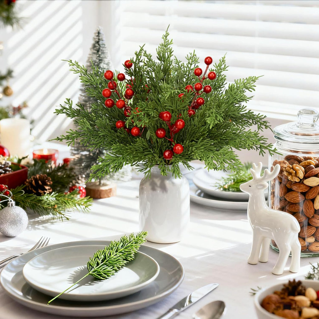 Ouddy Decor 80 Pcs Christmas Artificial Pine Branches, 12" Faux Norfolk Pine Cypress Leaves with Red Berry Stems for Christmas Tree Wreath Garland DIY Craft Table Vase Decor