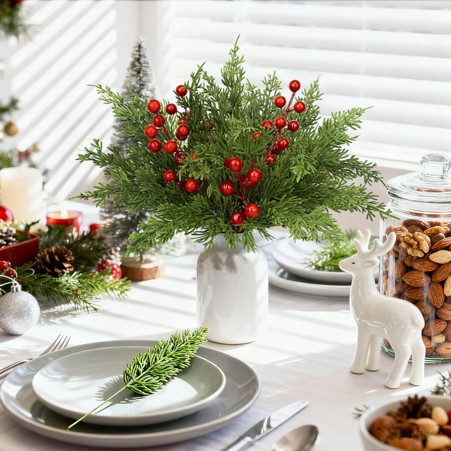 Ouddy Decor 80 Pcs Christmas Artificial Pine Branches, 12" Faux Norfolk Pine Cypress Leaves with Red Berry Stems for Christmas Tree Wreath Garland DIY Craft Table Vase Decor