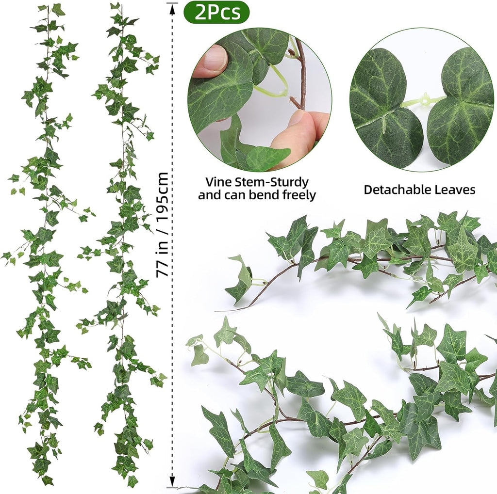 2 Strands Artificial Ivy Vines Garland, Fake Vines for Bedroom with Silk Green Leaves Faux Ivy Garland Greenery, Christmas Home Classroom Decor Garden Wedding Party Wall Aesthetic