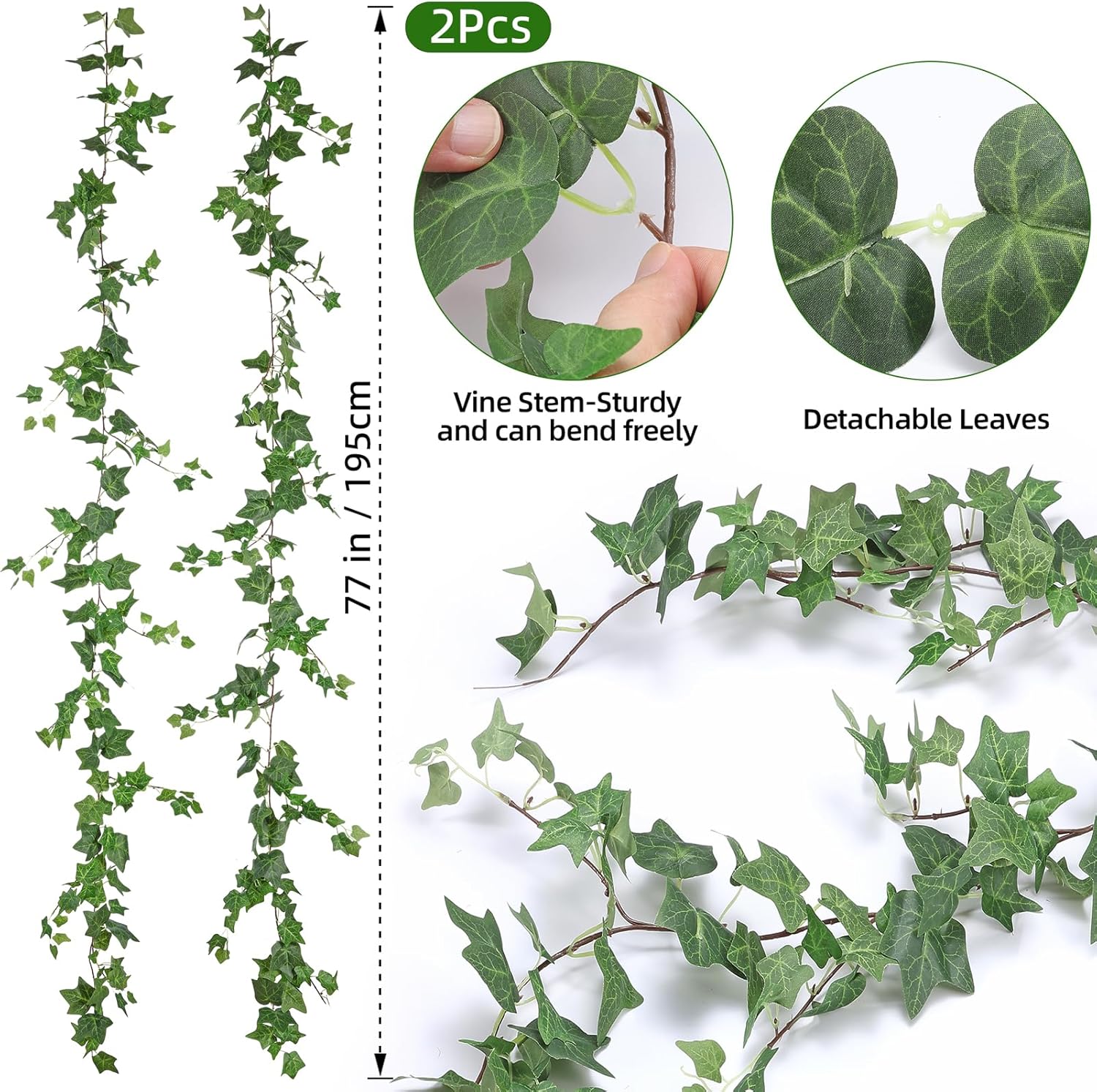 2 Strands Artificial Ivy Vines Garland, Fake Vines for Bedroom with Silk Green Leaves Faux Ivy Garland Greenery, Christmas Home Classroom Decor Garden Wedding Party Wall Aesthetic