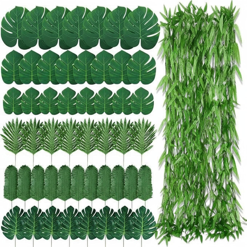 XunYee 110 Pcs Artificial Vines Greenery Garland and Monstera Palm Leaves Decoration Set, Fake Wicker Rattan Vines Tropical Faux Leaves Bulk for Jungle Safari Baby Shower Plant Party Decoration