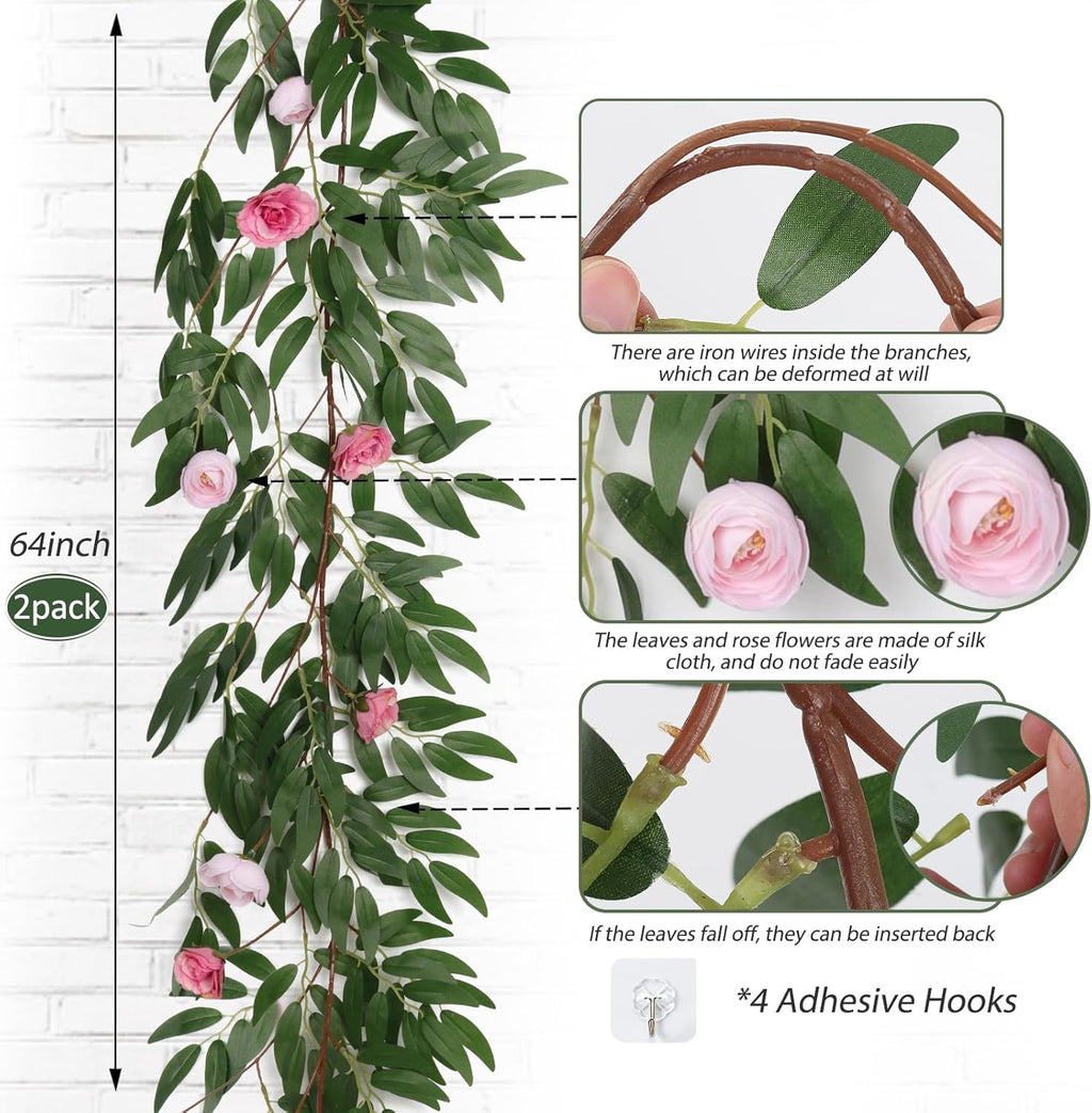 RECUTMS Artificial Hanging Willow Leaves Vine Twigs Whit Roses Flower 2Pc 5.7Ft Faux Ivy Plant Silk Green Leaf Rose Floral Garland Greenery Indoor Outdoor Wedding Jungle Birthday Party Garden Decor