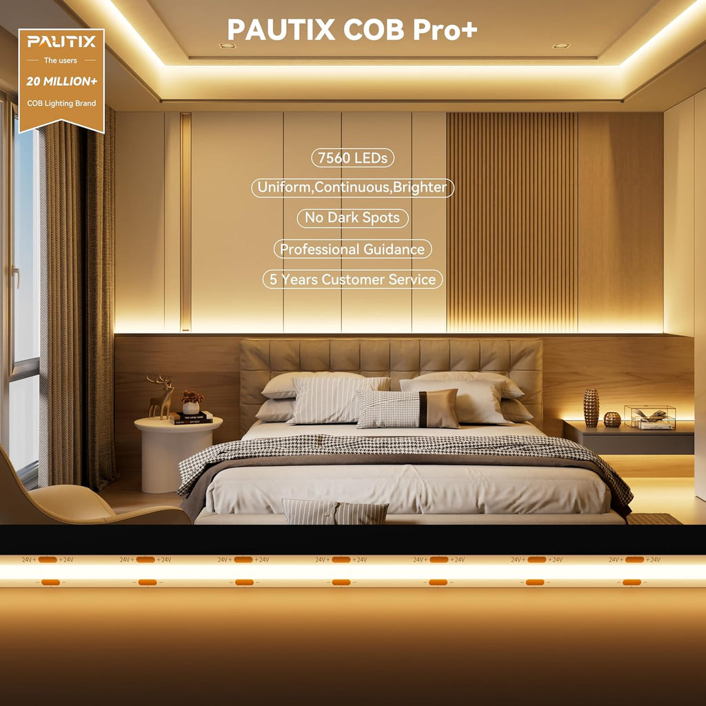 PAUTIX COB LED Strip Lights 48ft/15m Super Bright,504 LEDs/m Warm White 2700K CRI90+ Flexible LED Tape,DC24V for Cabinet Home DIY Lighting Projects with 2pcs COB Connector(Power Supply Not Included)