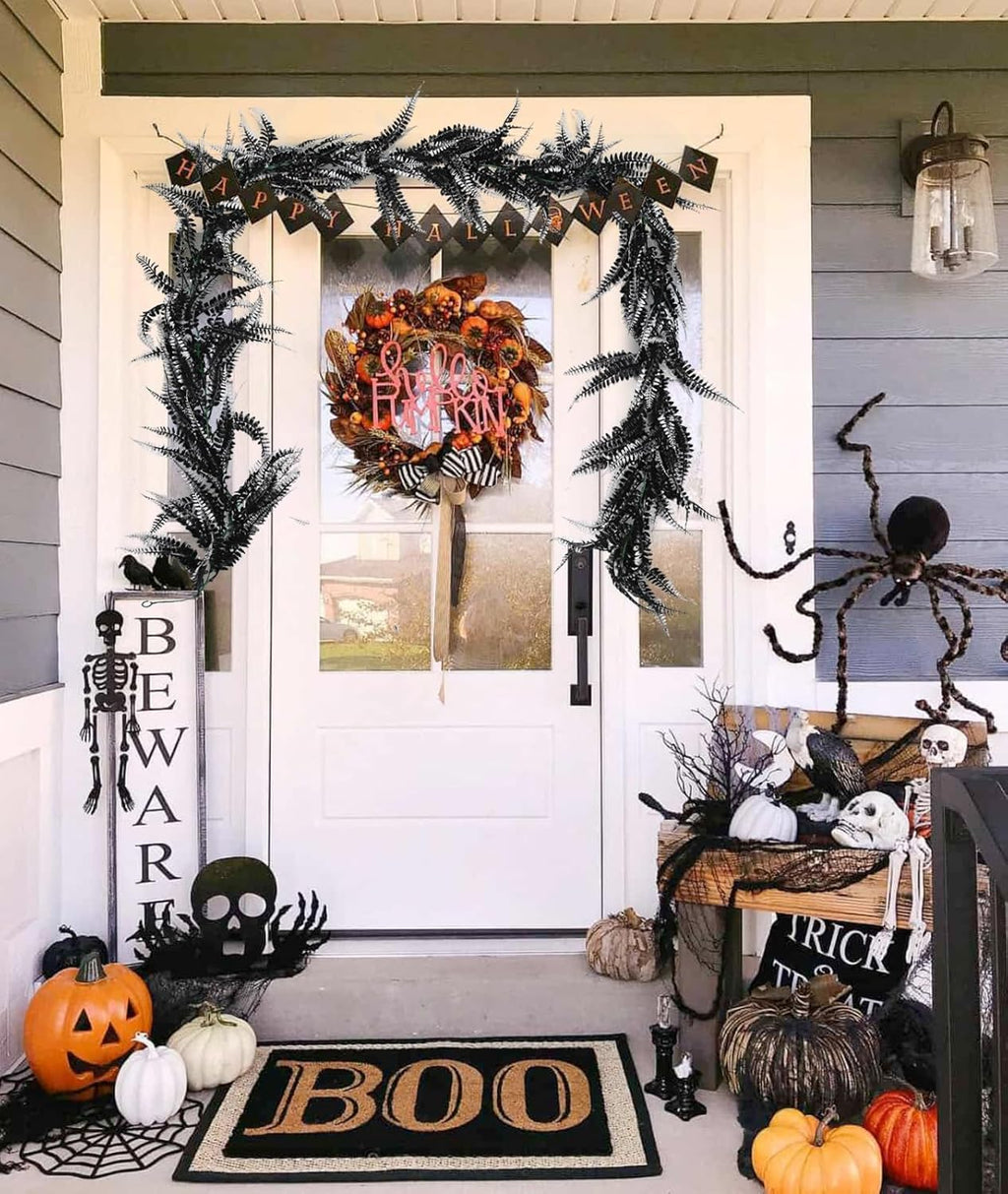 RECUTMS 2pcs Black Garland Artificial Boston Palnts 6 FT Fern Garland Faux Hanging Greenery UV Resistant Halloween Wreath for Outdoor Indoor Halloween Decor (Black+White)