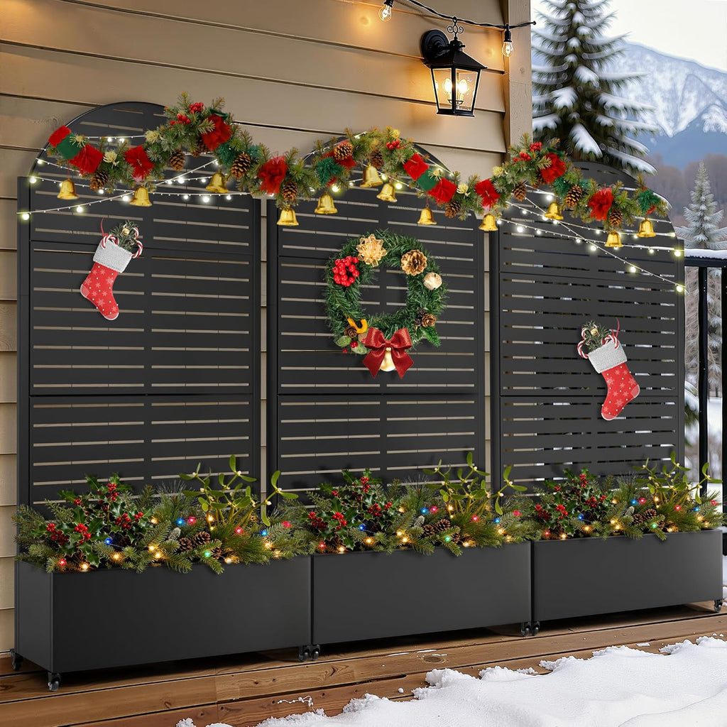 FENCY Metal Raised Garden Bed with Wheels and Trellis,Arched 73"x35"x16" Planter Box for Climbing Plants, Vegetables & Vines, Features Privacy Screen and Drainage Holes (Black-Louvered)
