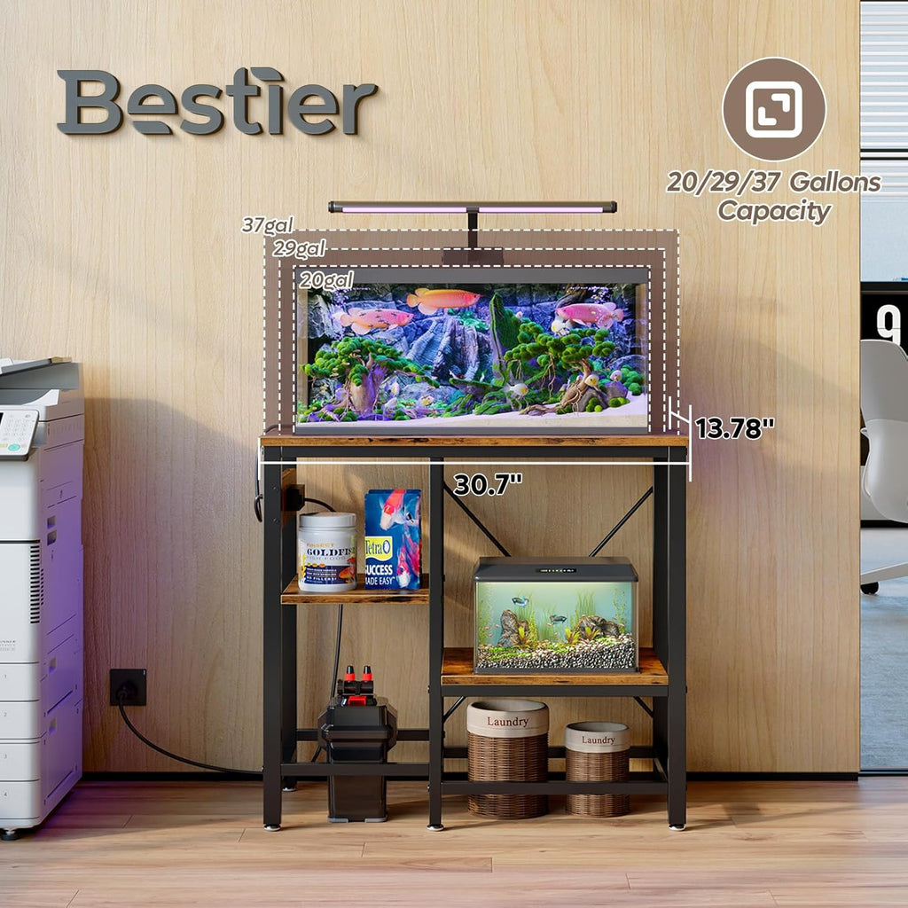Bestier 20-29-37 Gallon Fish Tank Stand with Power Outlet, 30x13 Metal Aquarium Stand with Filter Storage, 6-Leg Reptile Tank Stand with 3-Tier Adjustable Storage Shelves, 400LBS Capacity