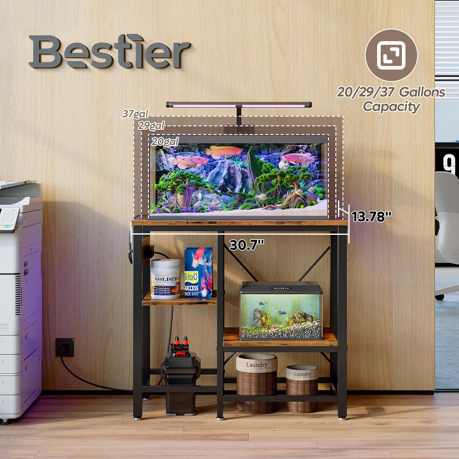 Bestier 20-29-37 Gallon Fish Tank Stand with Power Outlet, 30x13 Metal Aquarium Stand with Filter Storage, 6-Leg Reptile Tank Stand with 3-Tier Adjustable Storage Shelves, 400LBS Capacity