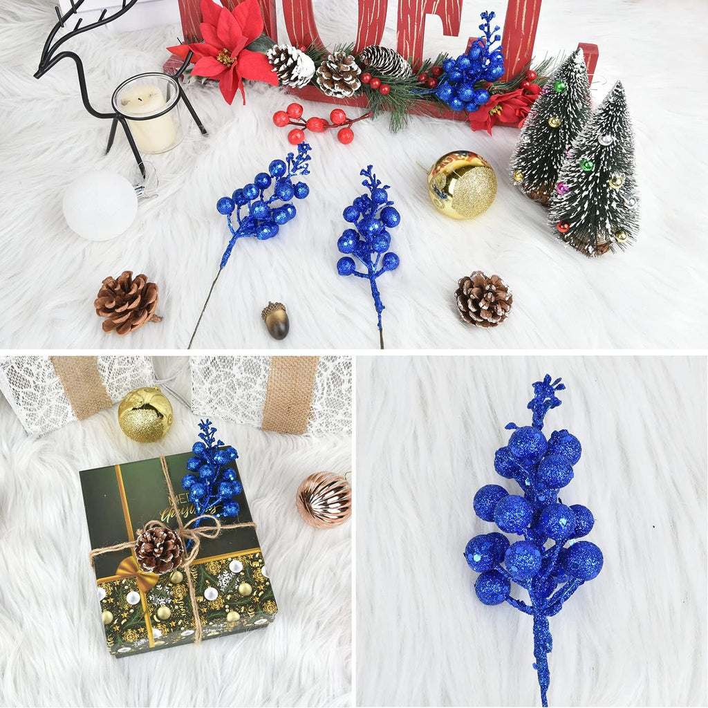 Blue Berries Picks, 14 Pack Artificial Berry Stems for Christmas Tree Decorations, Crafts, Holiday and Home Decor, 7.9 Inches (Dark Blue)
