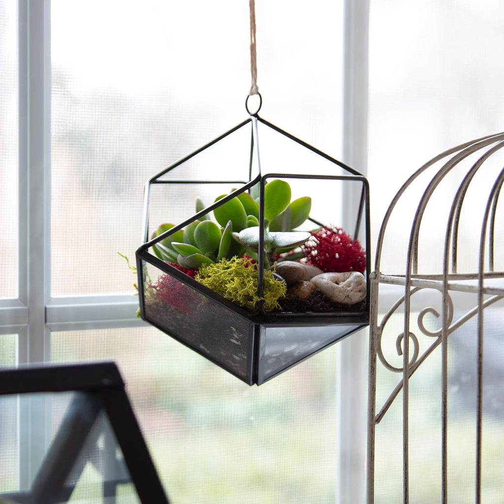 D'Eco Glass Mini Geometric Plant Terrariums, 3Pk- Hanging Triangle, House & Prism Planters for Home Decor - Fill w/Succulents, Holiday Decorations, Mini Trees & Ornaments- Xmas Gift for Plant Lovers