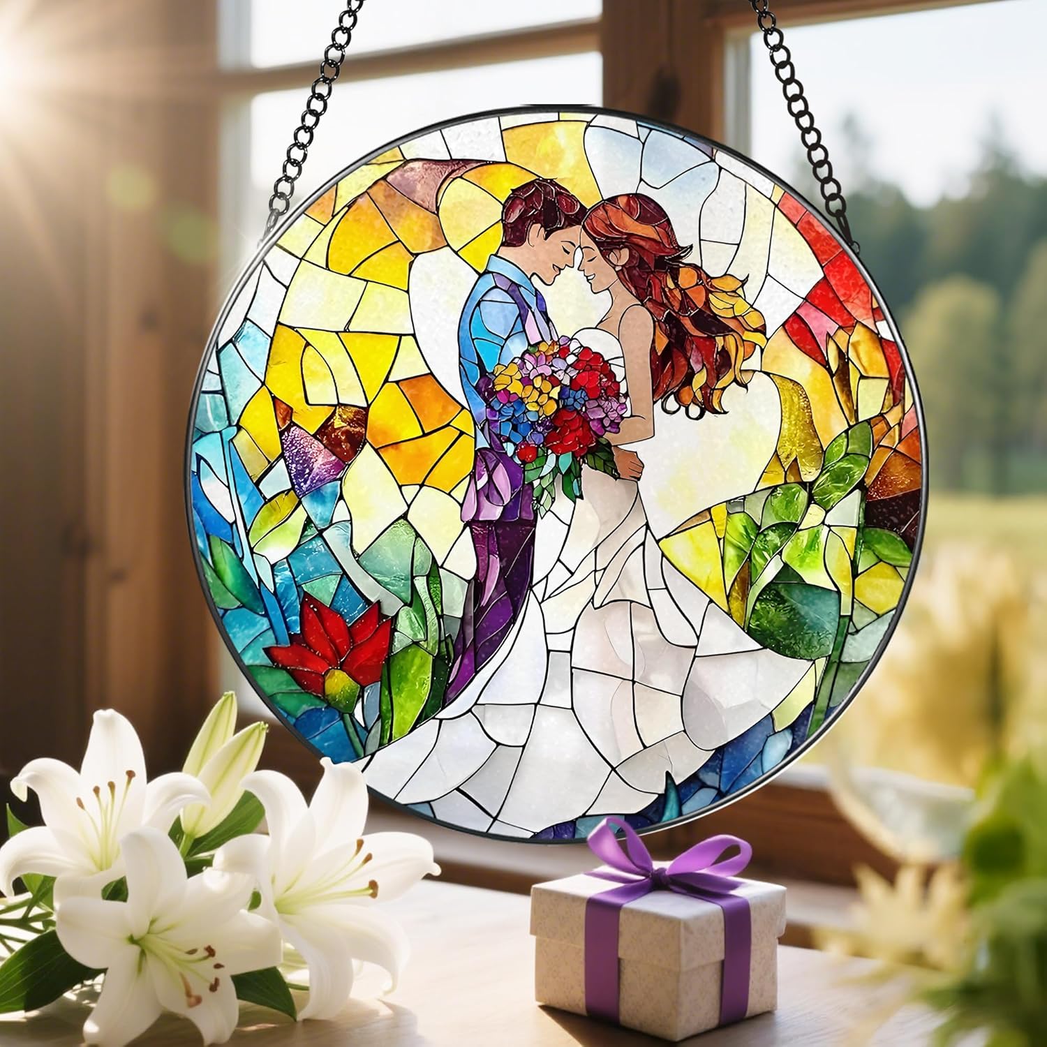 8'' Romantic Couple Wedding Sun Catcher Ornament, Stained Glass Window Hanging, Suncatchers for Windows Hanging Ornaments, Window Decor | Ideal Gift, Wedding Gift, Gifts for Couple & Newlywed