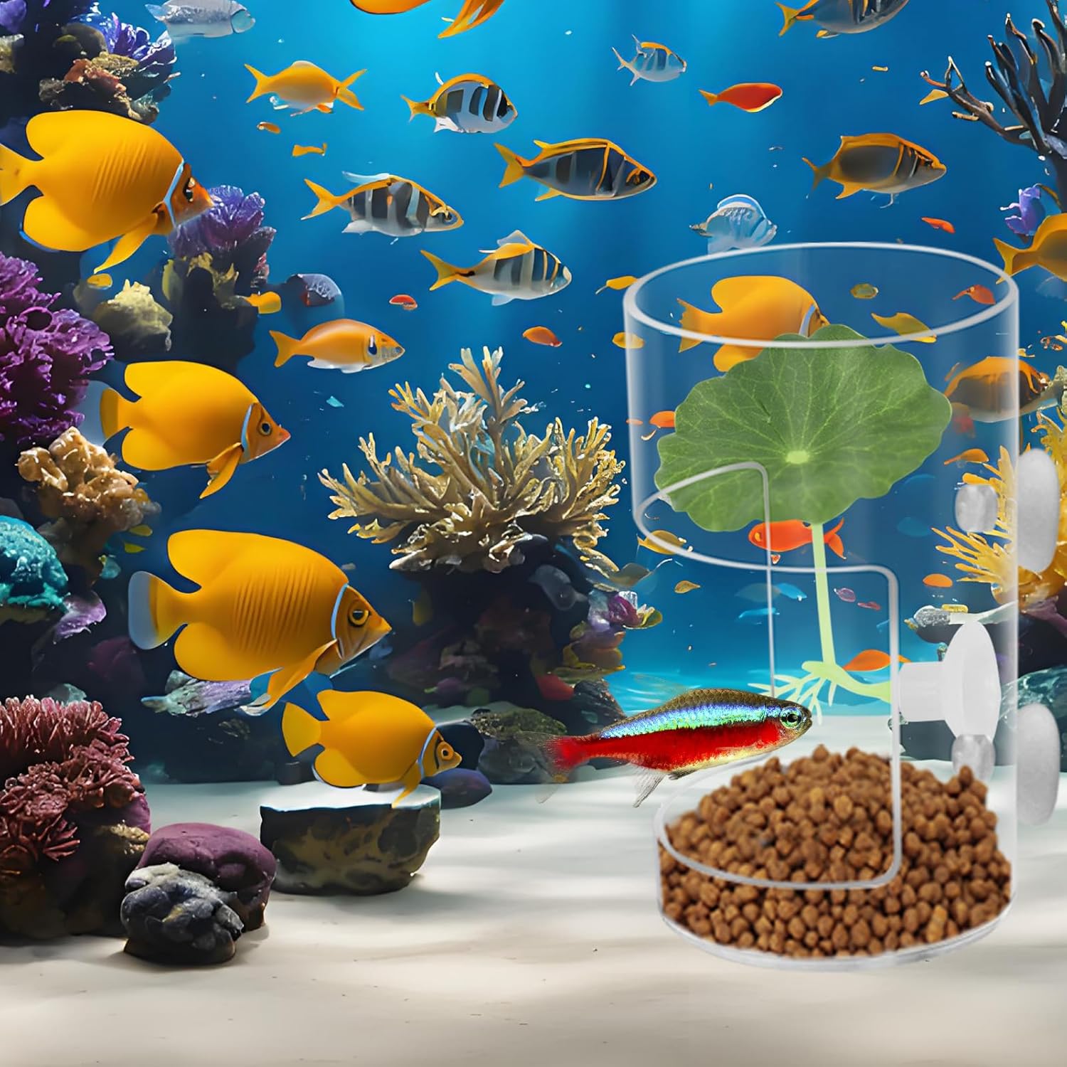 Fish Tank Food Tray with Suction Cups Comes with Two Single-Layer Small Lotus Leaves, Feeding Tube Supplies, Breeder Box for Aquarium, Round Aquariums & Fish Bowls Accessories