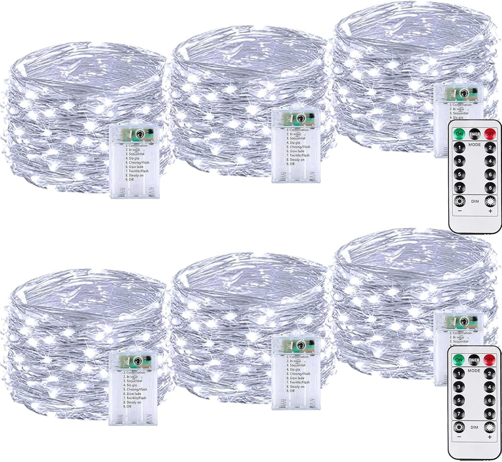 6 Pack 60LED Christmas Battery Operated Fairy Lights with Remote, 8 Modes String Lights with Timer, Dimmable, Memory Function, Waterproof Twinkle Lights for Outdoor Indoor Christmas Decor(Cool White)
