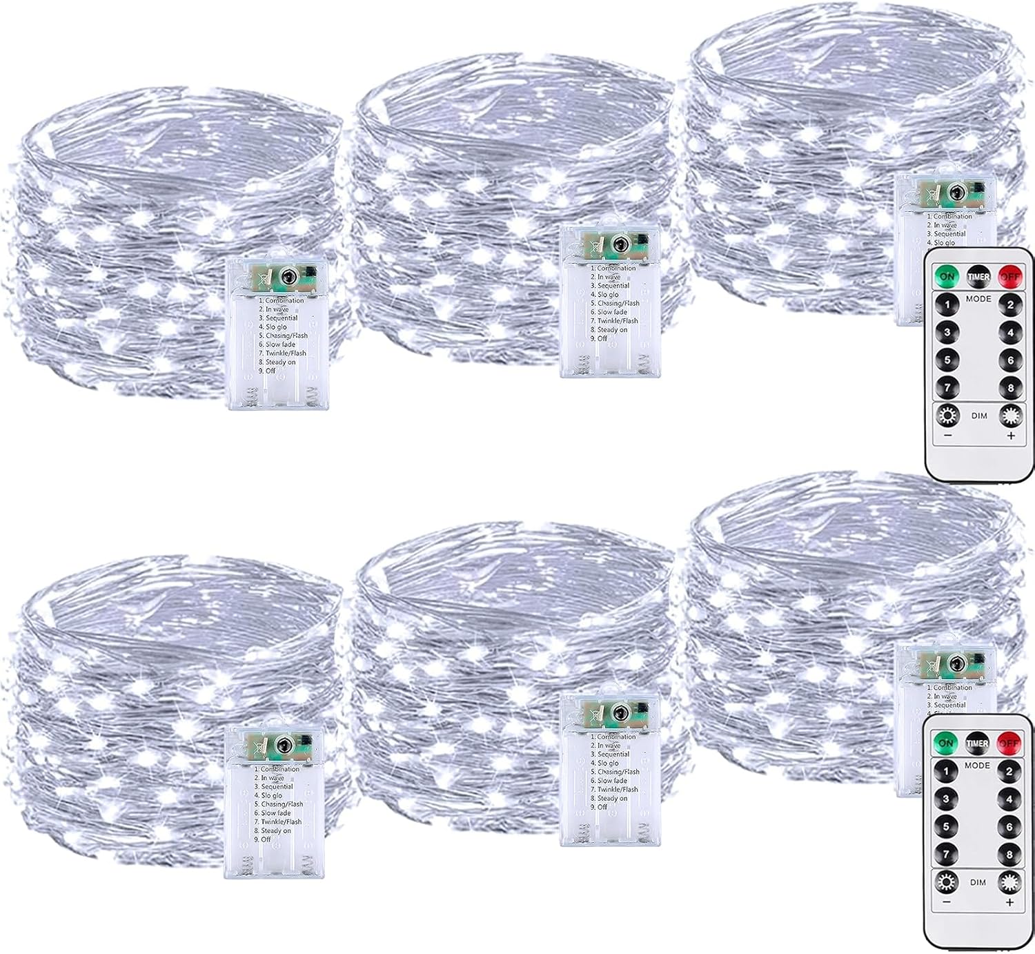 6 Pack 60LED Christmas Battery Operated Fairy Lights with Remote, 8 Modes String Lights with Timer, Dimmable, Memory Function, Waterproof Twinkle Lights for Outdoor Indoor Christmas Decor(Cool White)