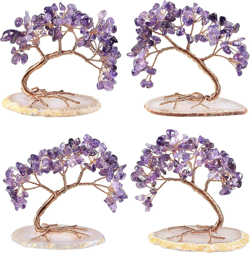 mookaitedecor Natural Amethyst Crystal Money Tree Agate Slice Base Feng Shui Bonsai Crystal Tree for Wealth Luck Desk Decor, 3-4 Inch High