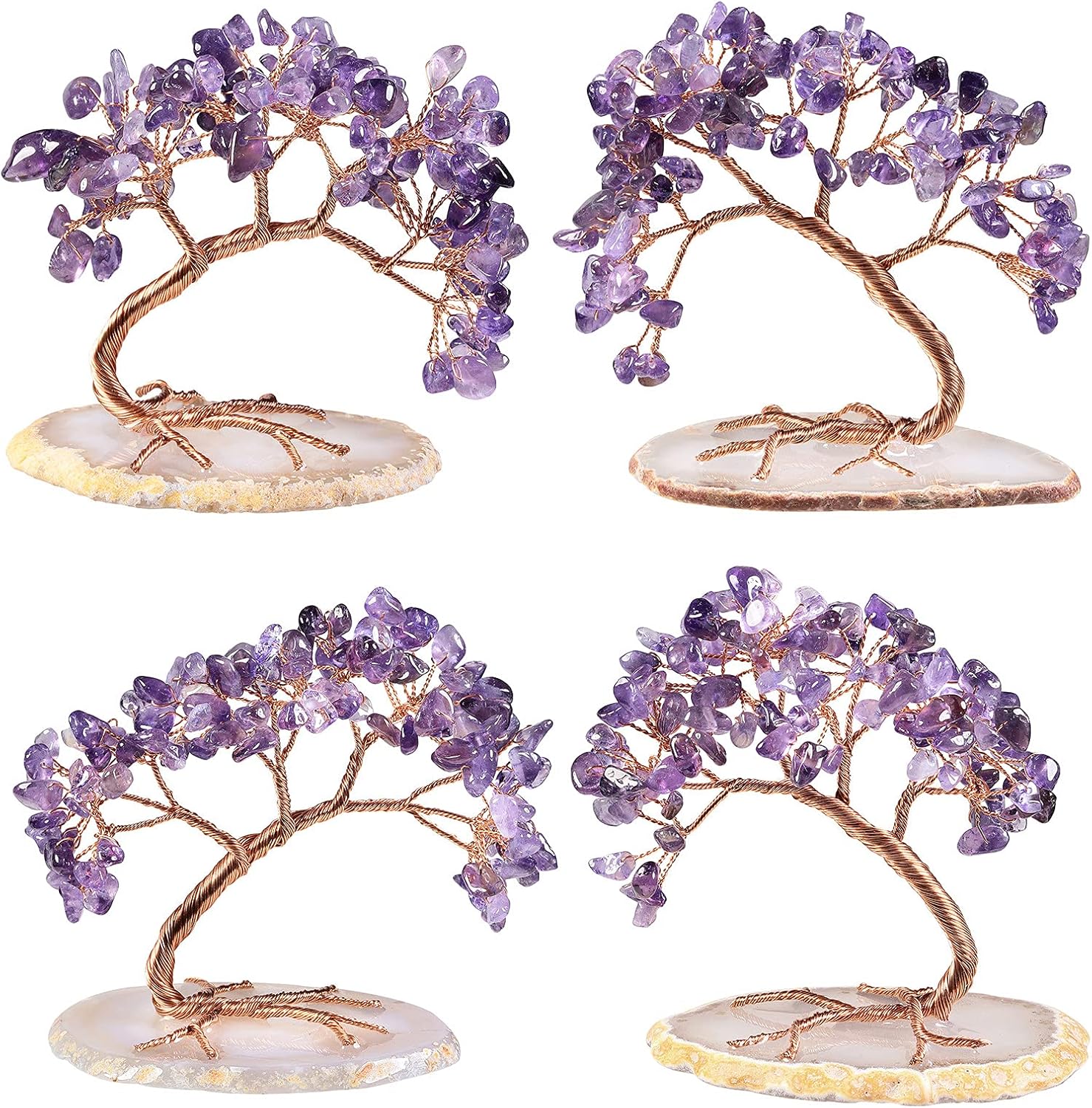 mookaitedecor Natural Amethyst Crystal Money Tree Agate Slice Base Feng Shui Bonsai Crystal Tree for Wealth Luck Desk Decor, 3-4 Inch High
