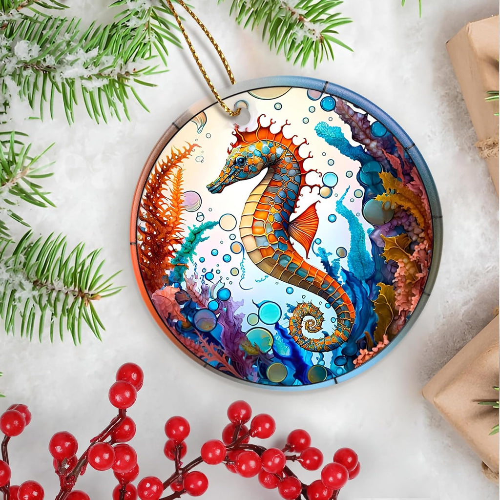 Touber Christmas Ornament, Christmas Decoration, Holiday Present Idea, Heirloom Keepsake, Round Ceramic, Gift Exchange, Gift Idea, Sea Horse