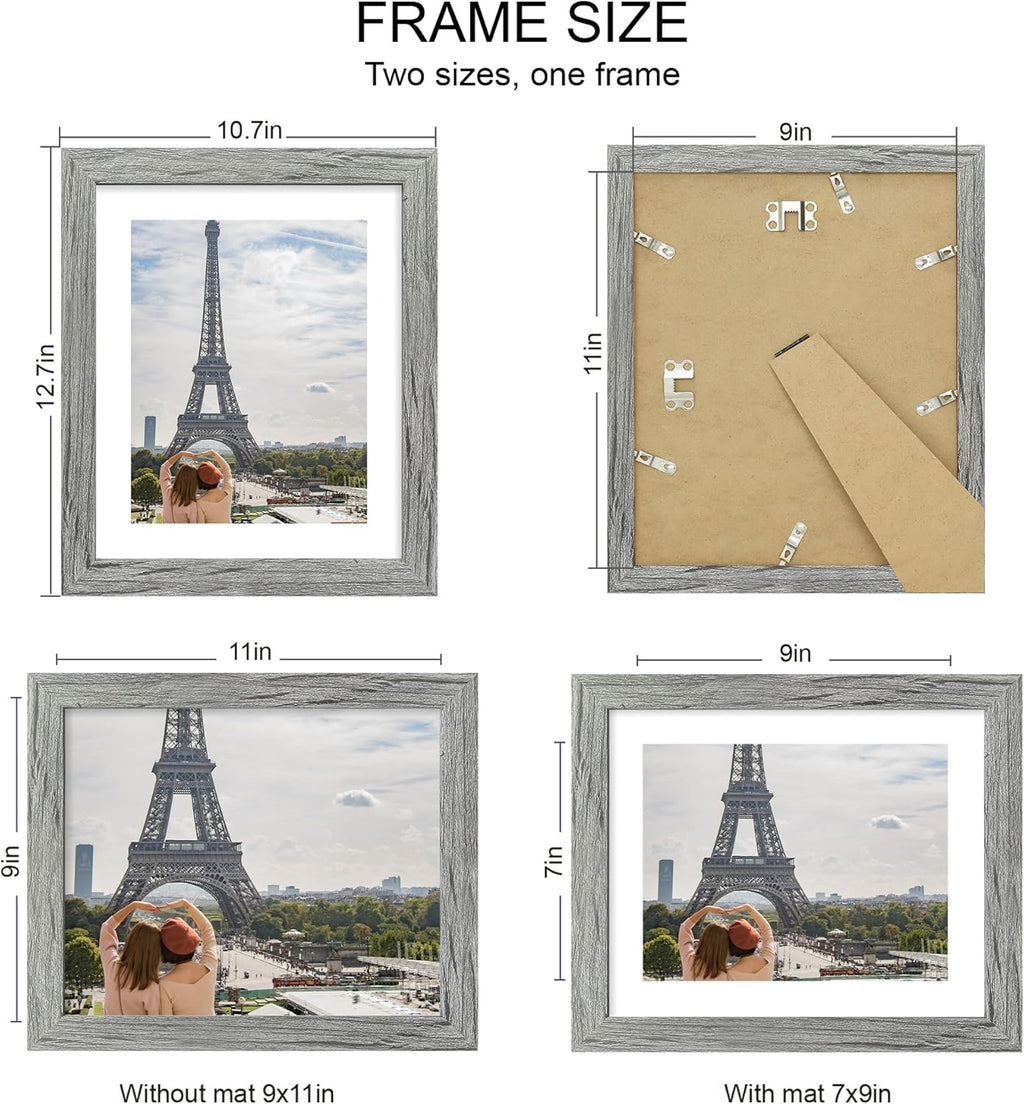 9x11 Picture Frame Set of 4, Made of Real Glass and Grey Frame - Display Picture 7x9 with Mat or 9x11 Without Mat, 9 by 11 Photo for Wall or Tabletop