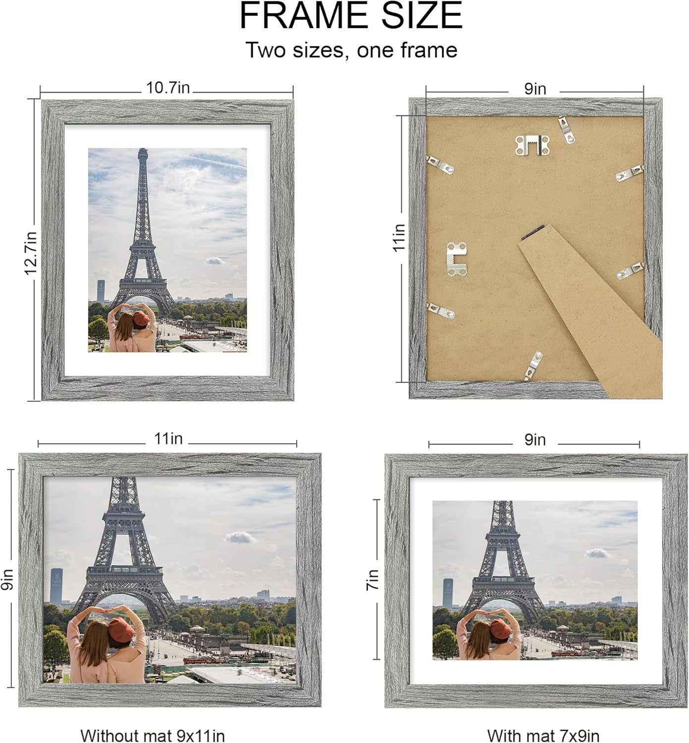 9x11 Picture Frame Set of 4, Made of Real Glass and Grey Frame - Display Picture 7x9 with Mat or 9x11 Without Mat, 9 by 11 Photo for Wall or Tabletop