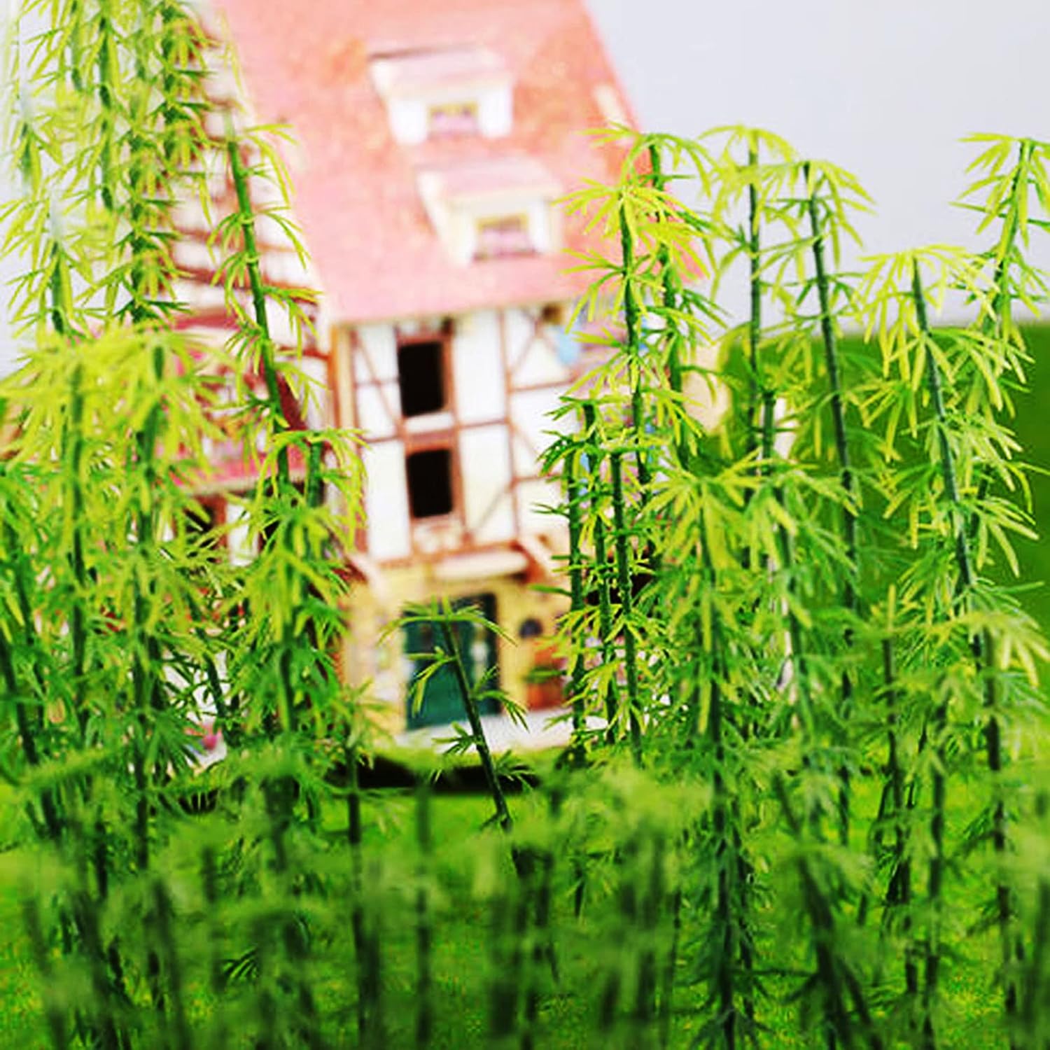 Woohome Model Bamboo Trees, 30 PCS Miniature Bamboo Trees Landscape Green Plastic Bamboo Trees and 2 PCS Artificial Moss Rocks Fake Moss Rocks for Home Decoration, Fairy Gardens