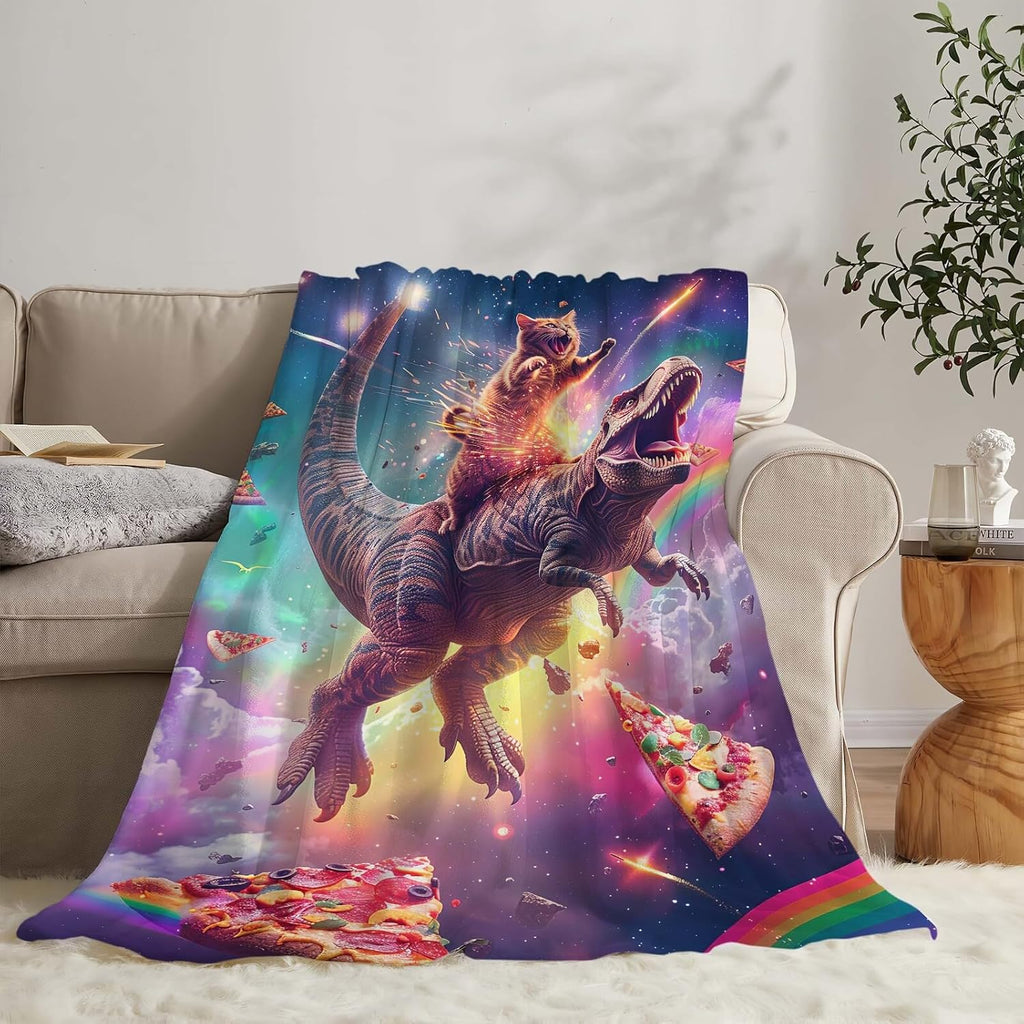 Funny Dinosaur and Cat Blanket Universe Rainbow Pizza Dino Cat Throw Blanket Gifts for Girls Women Kids Adults Super Soft Cozy Plush Fluffy Fuzzy Fleece Blanket Home Decor 60''X80''